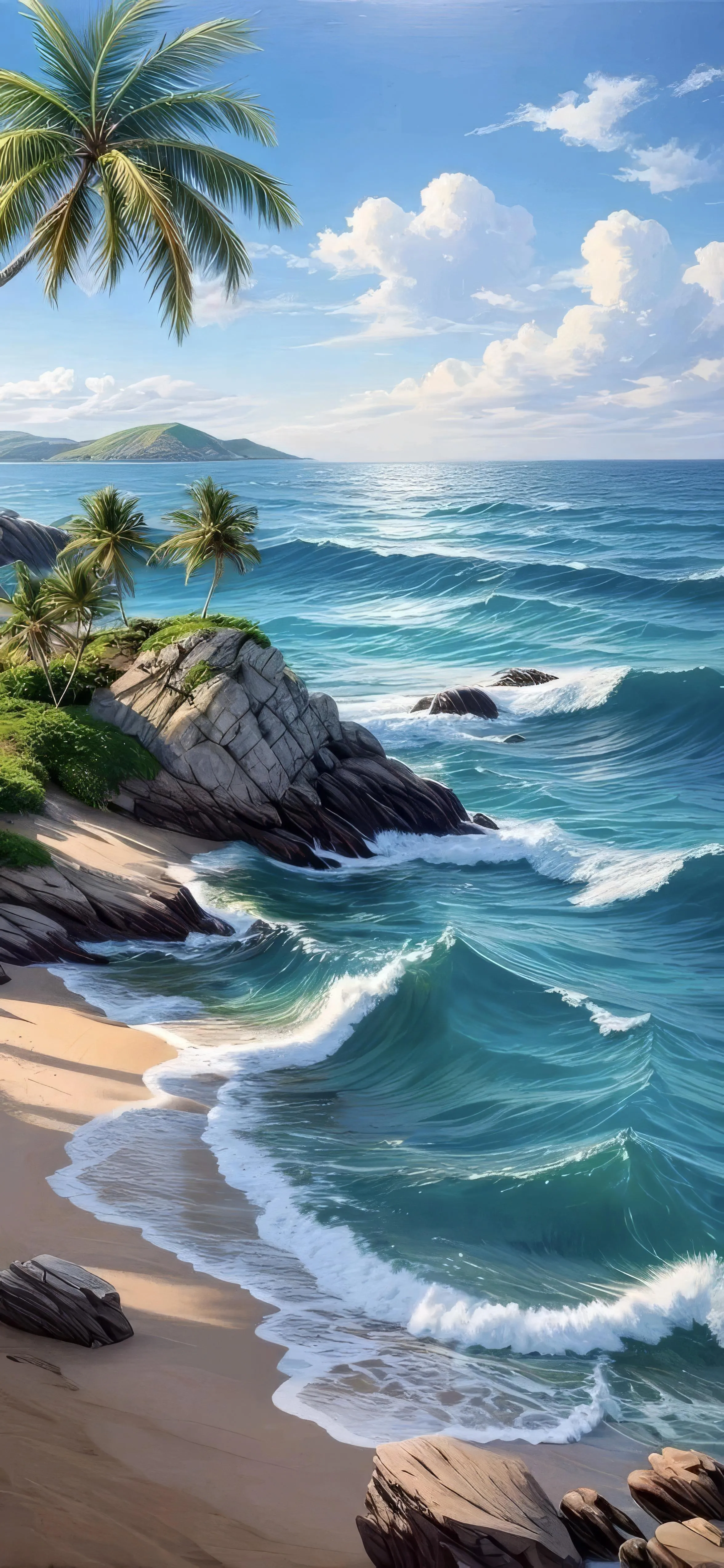 Tropical Beach with Palm Trees and Blue Ocean Under Clear Sky