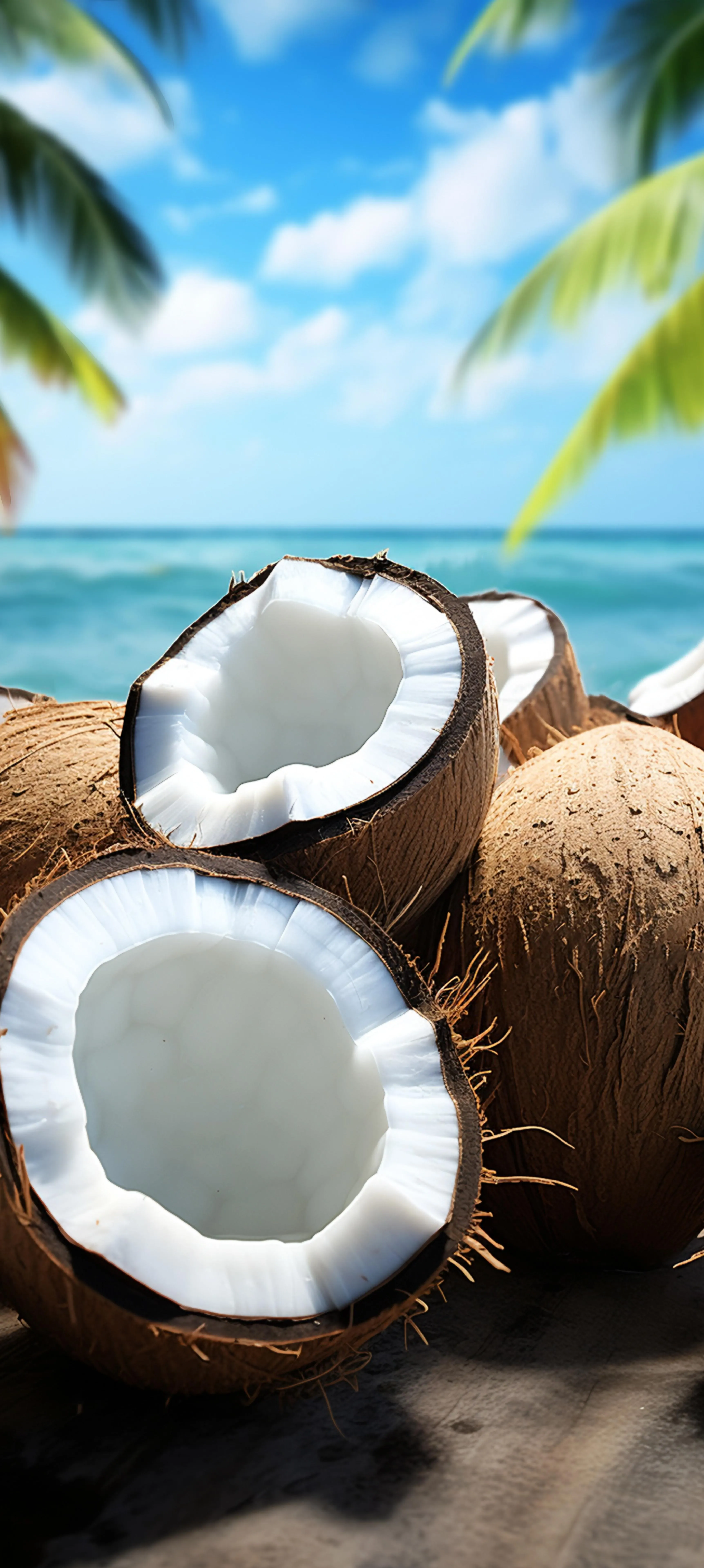 Tropical Coconut Cut Open on Wooden Table Near Beach