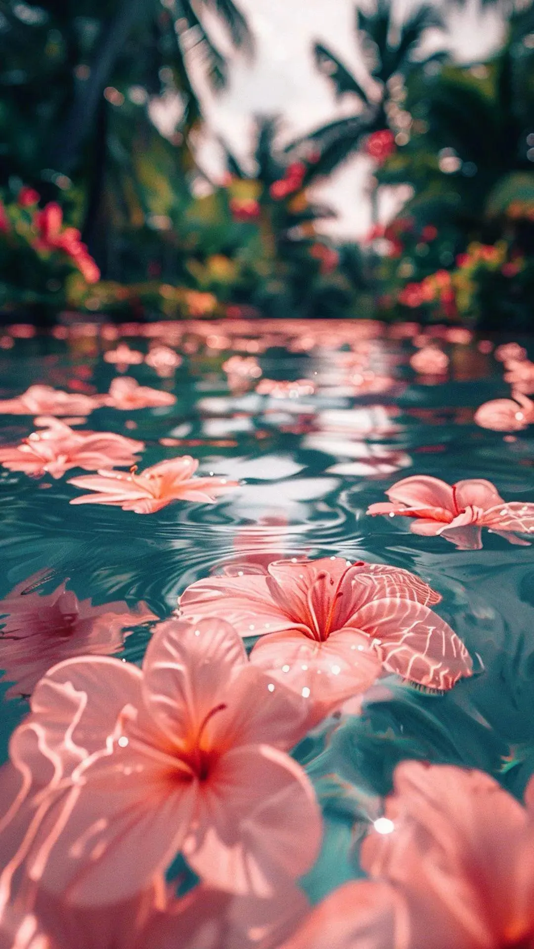 Tropical Flowers Floating in a Bright Summer Pool Wallpaper