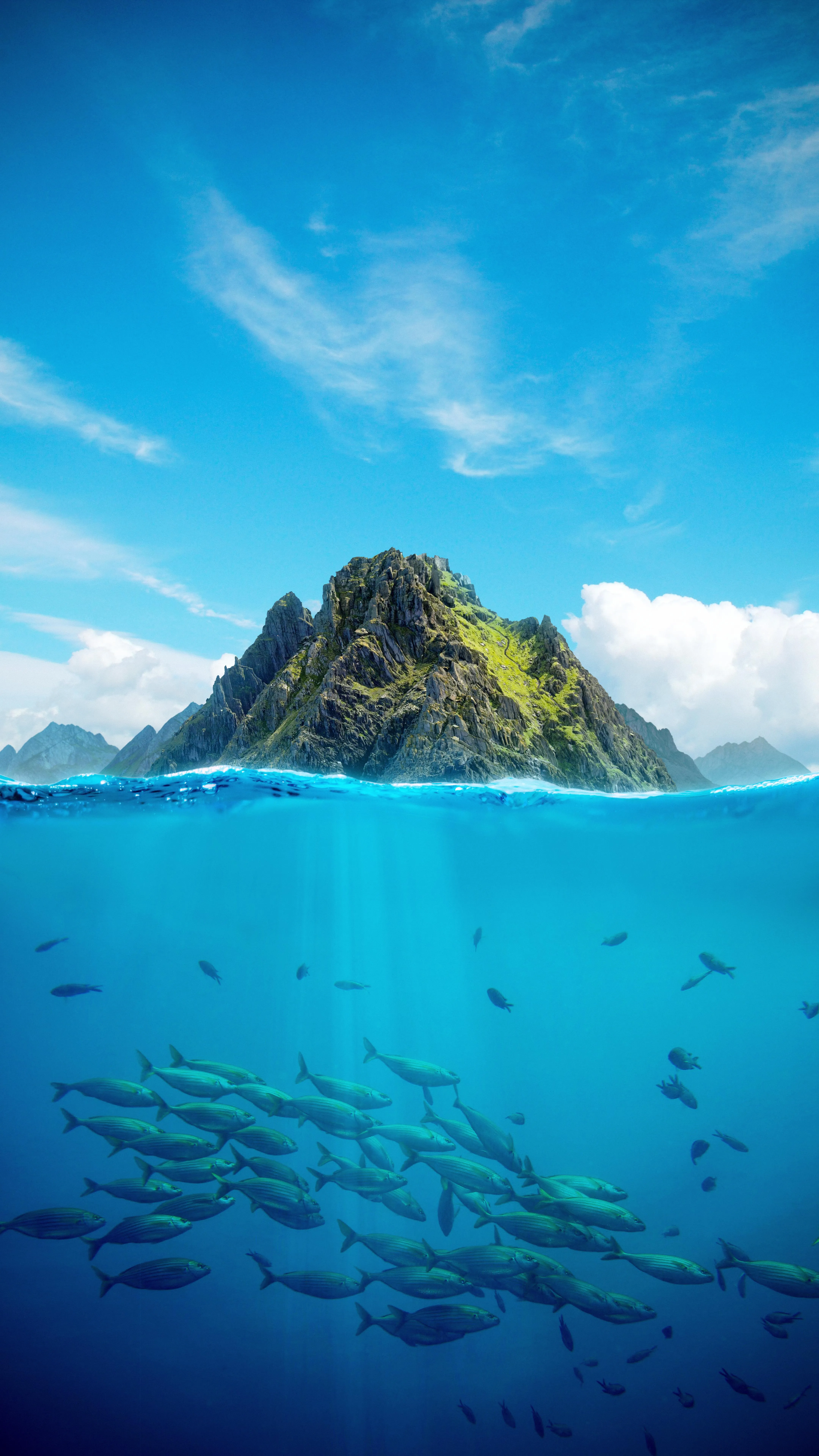 Tropical Island Surrounded by Deep Blue Ocean with Fishes