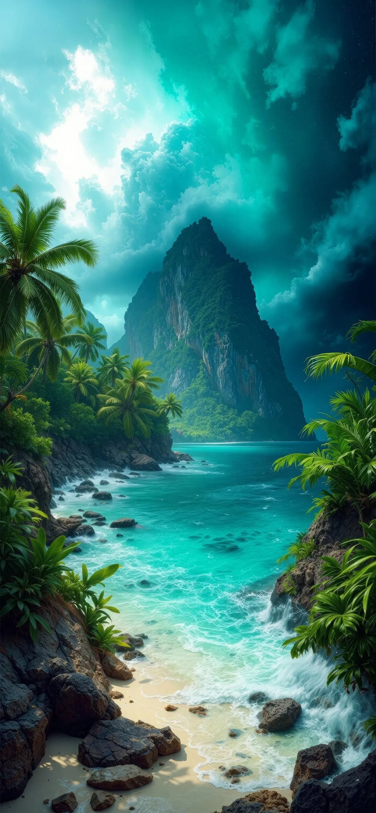 Tropical Island with Crystal Clear Blue Water and Mountains