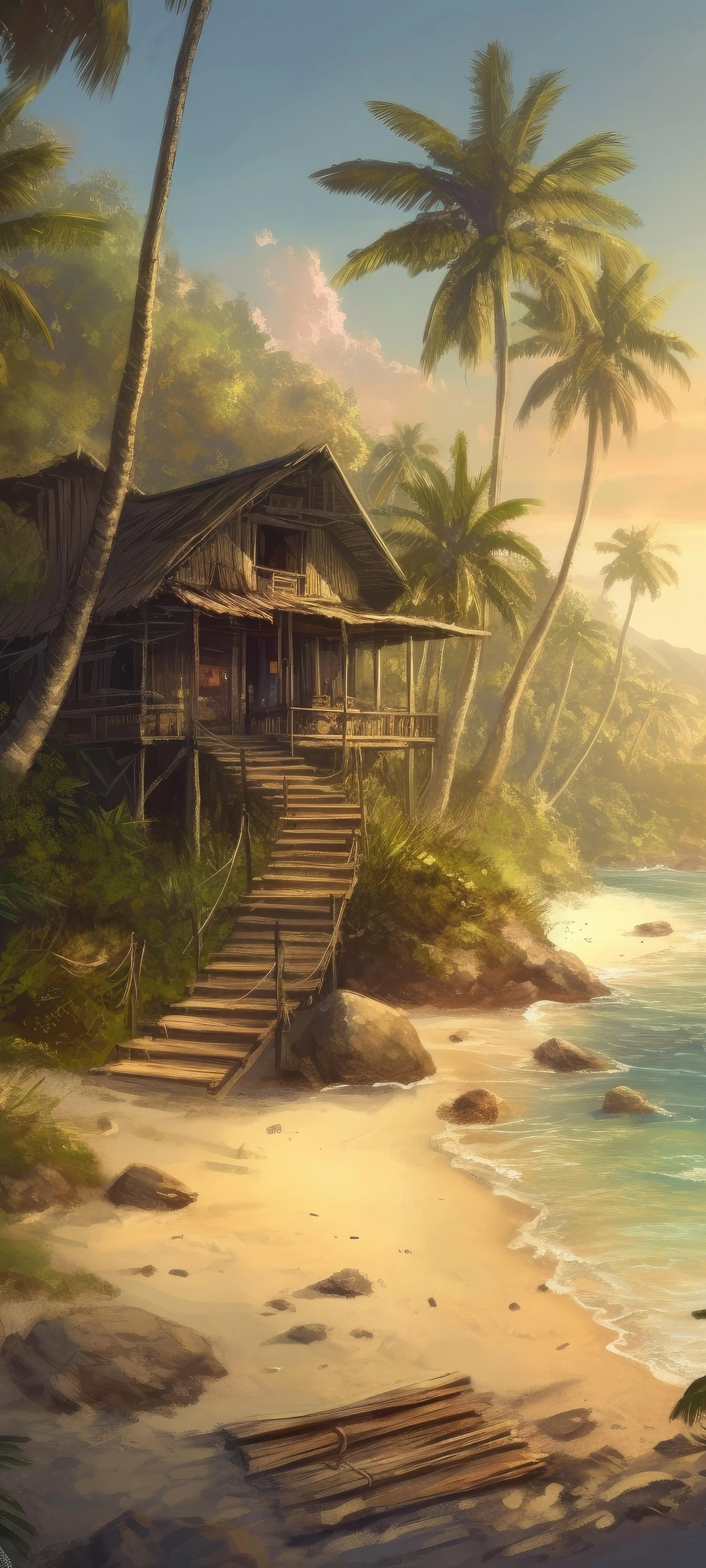 Tropical Island with Palm Trees and Sandy Beach View