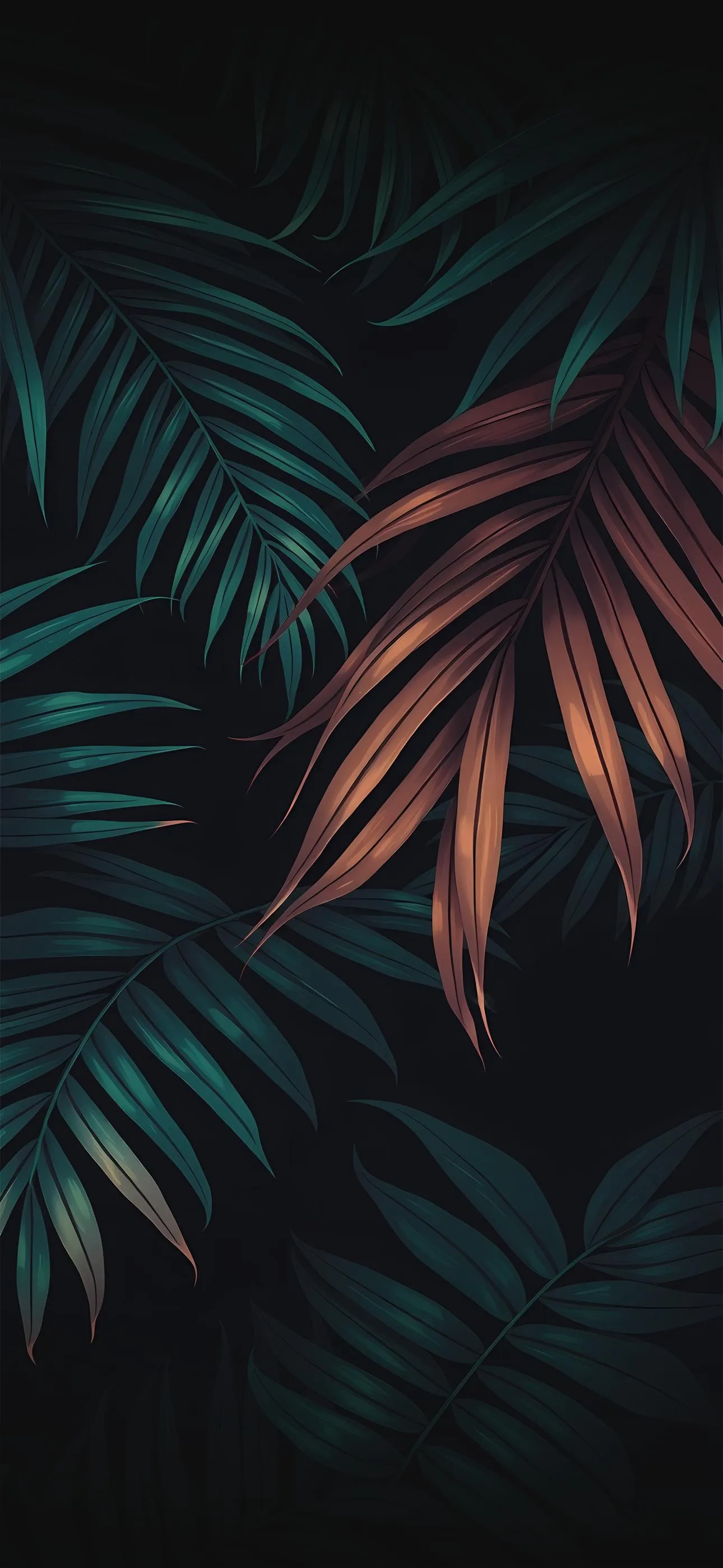 Tropical Leaves in Red and Teal on Dark Background
