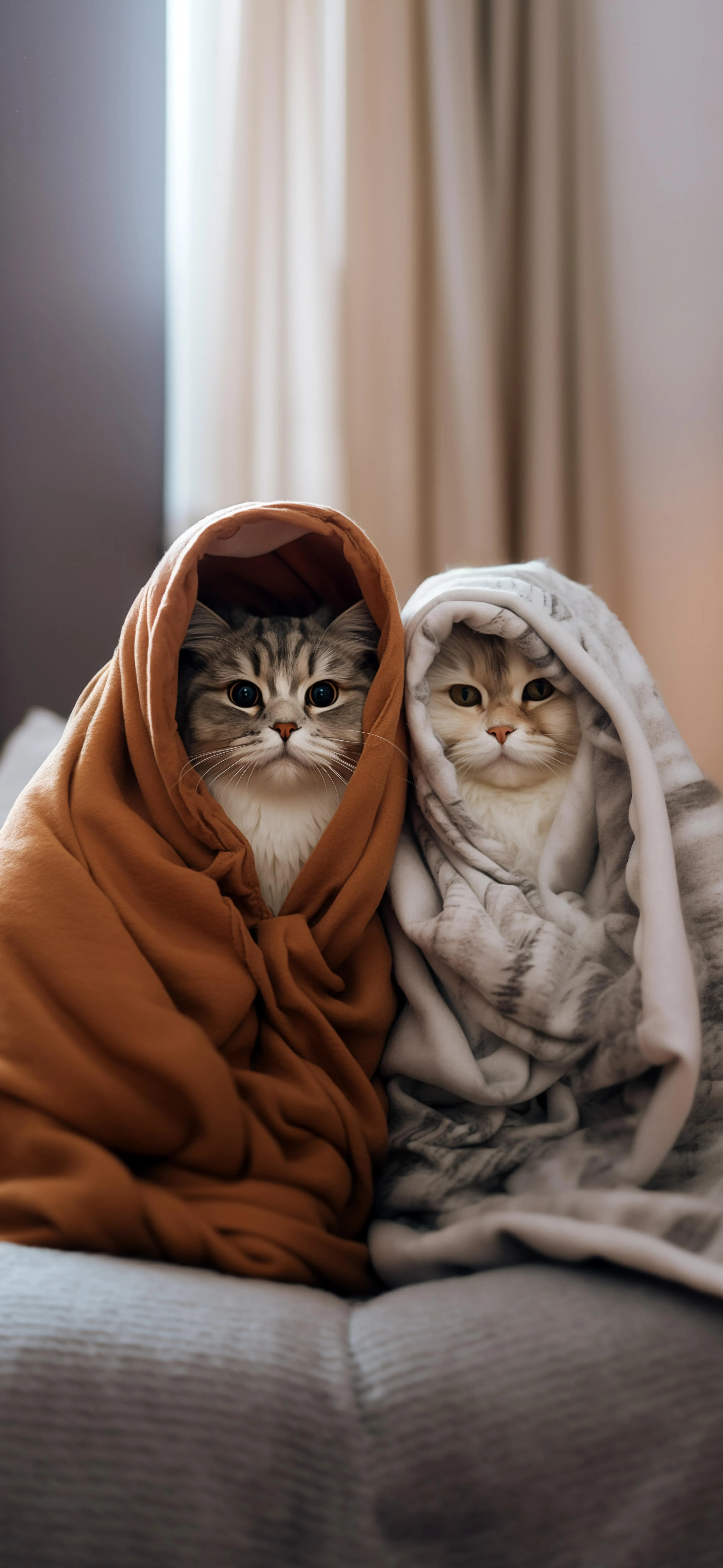 Two Cats Sitting on Warm Bed in Cozy Indoor Setting Image