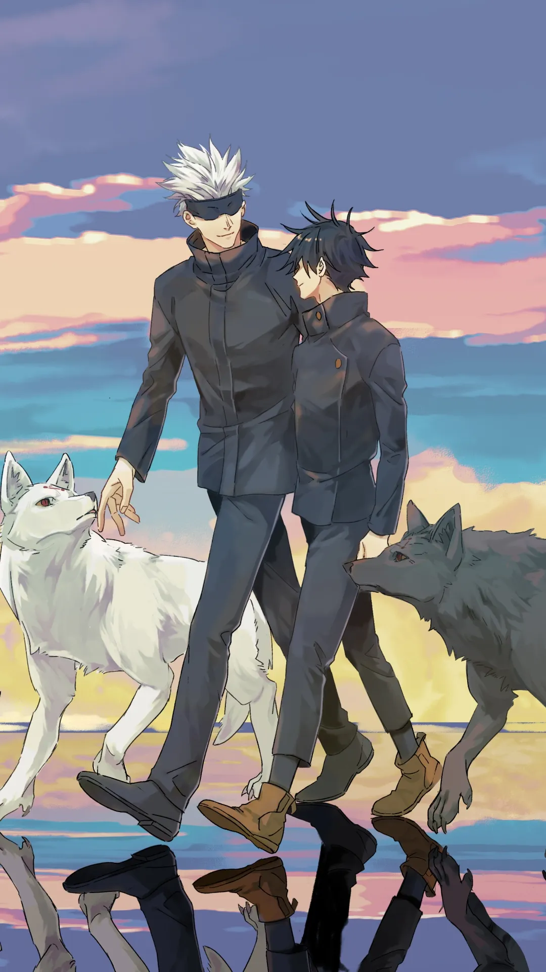 Two Friends Walking with Loyal Wolves under Sunset Sky