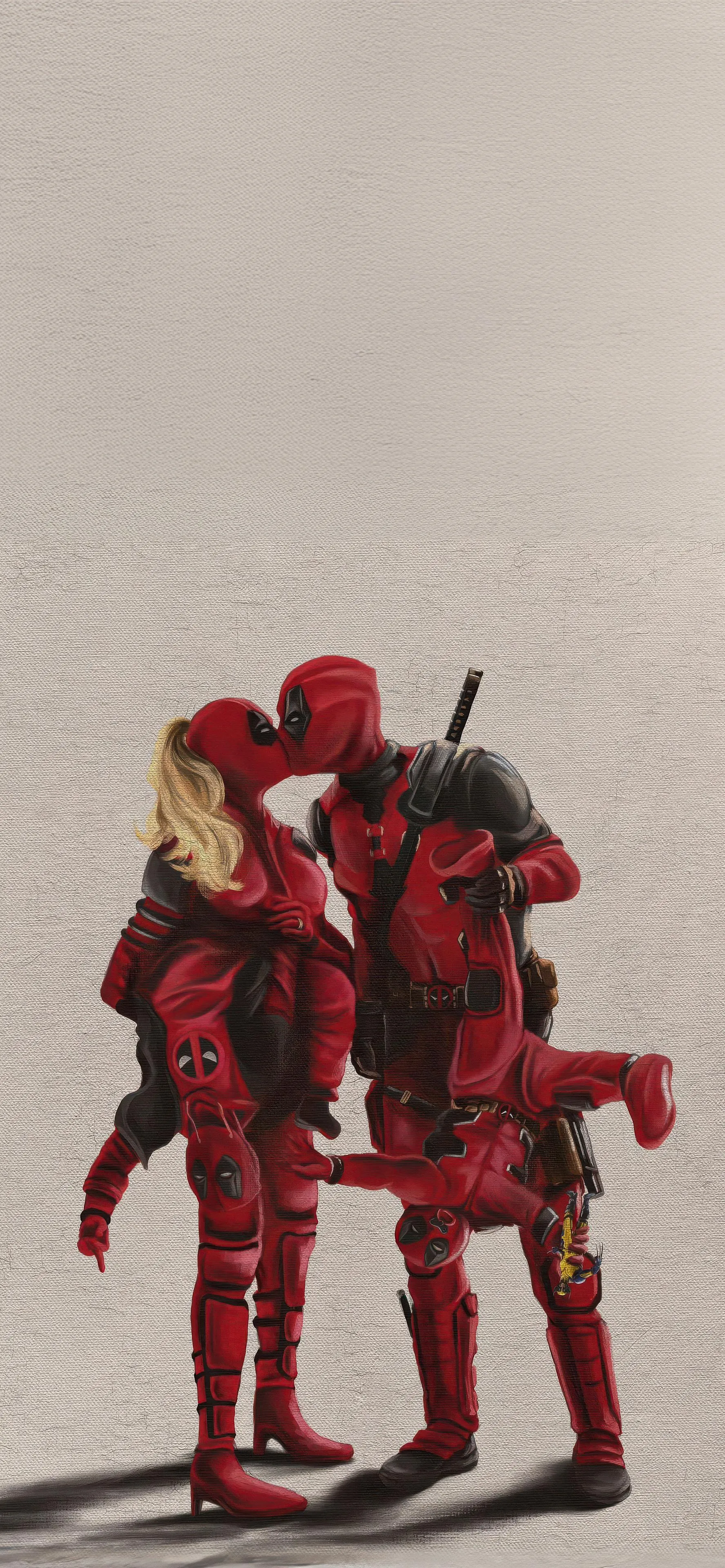 Two Red Characters Embracing on Beige Concrete Wall