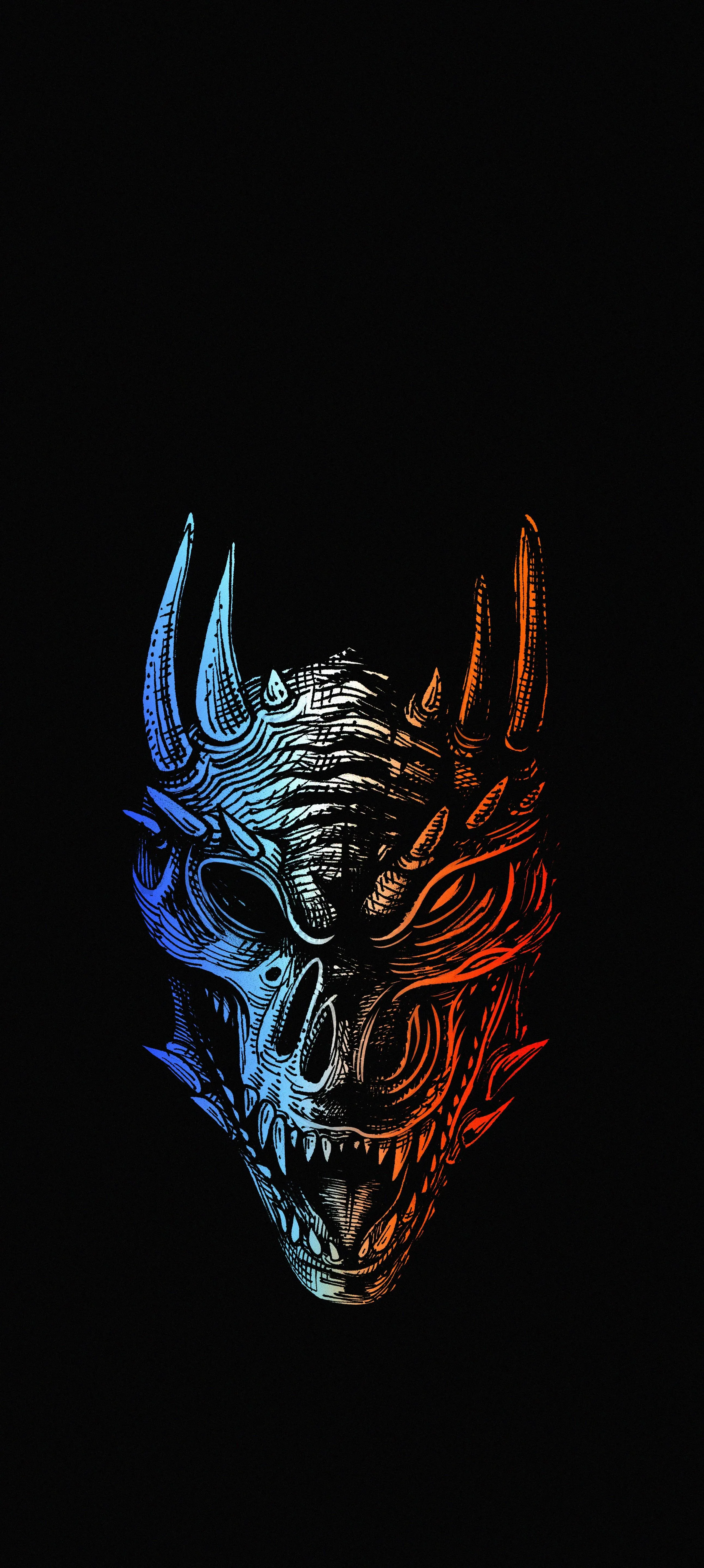 Two Toned Blue and Orange Dragon Heads Illustration HD