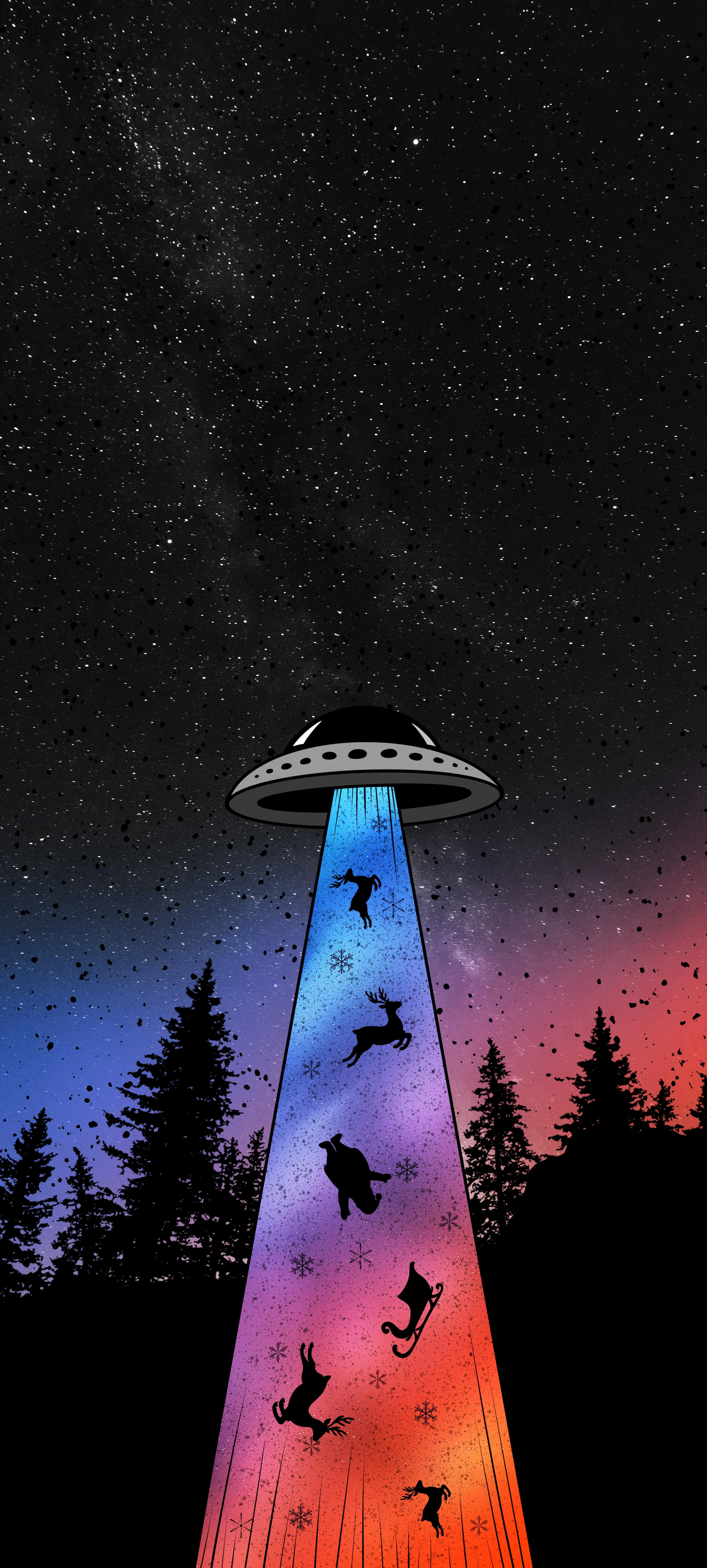 Ufo Abduction Scene with Flying Animals and Night Sky
