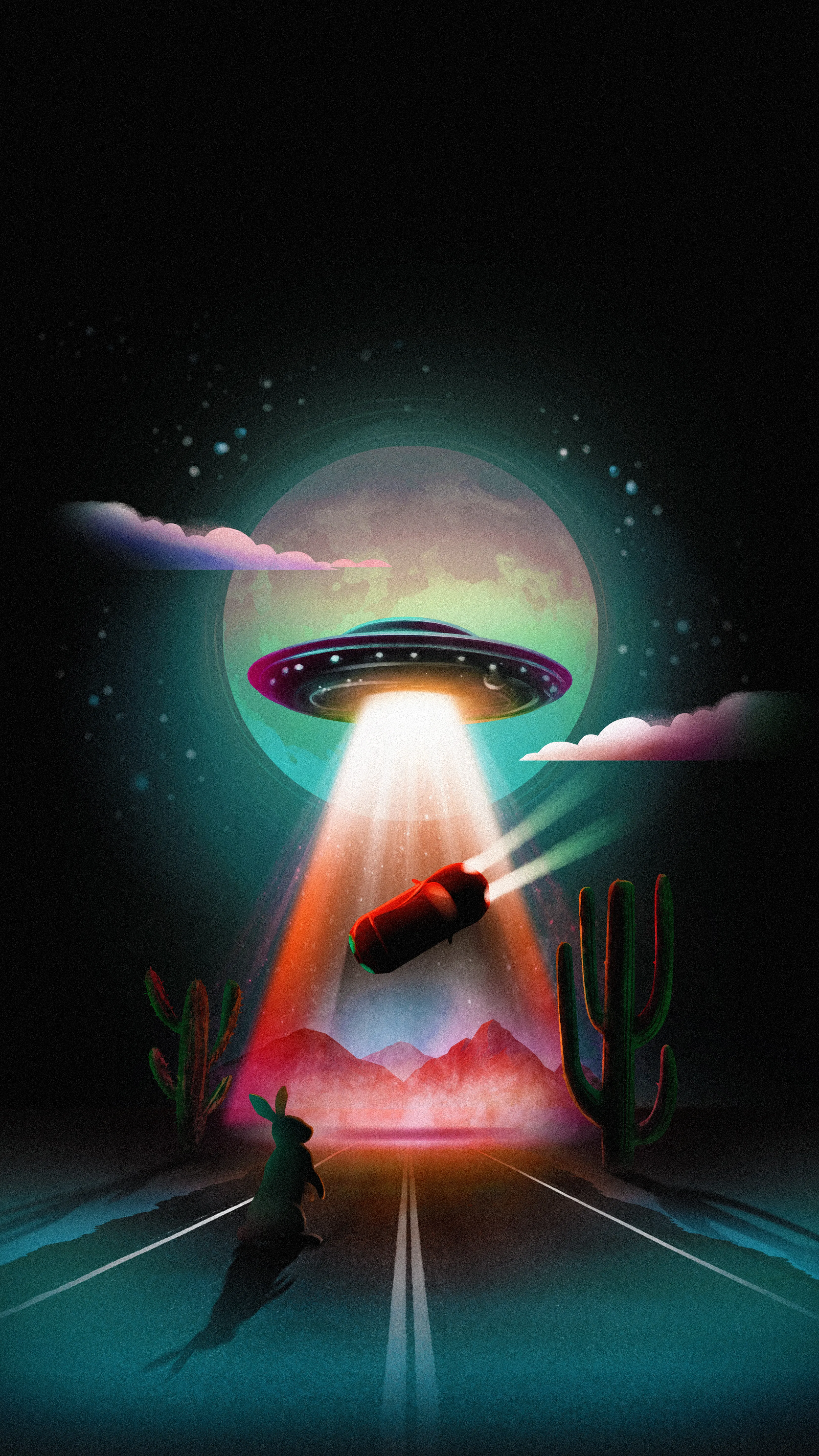 UFO Encounter Over Desert Highway Night Scene Wallpaper