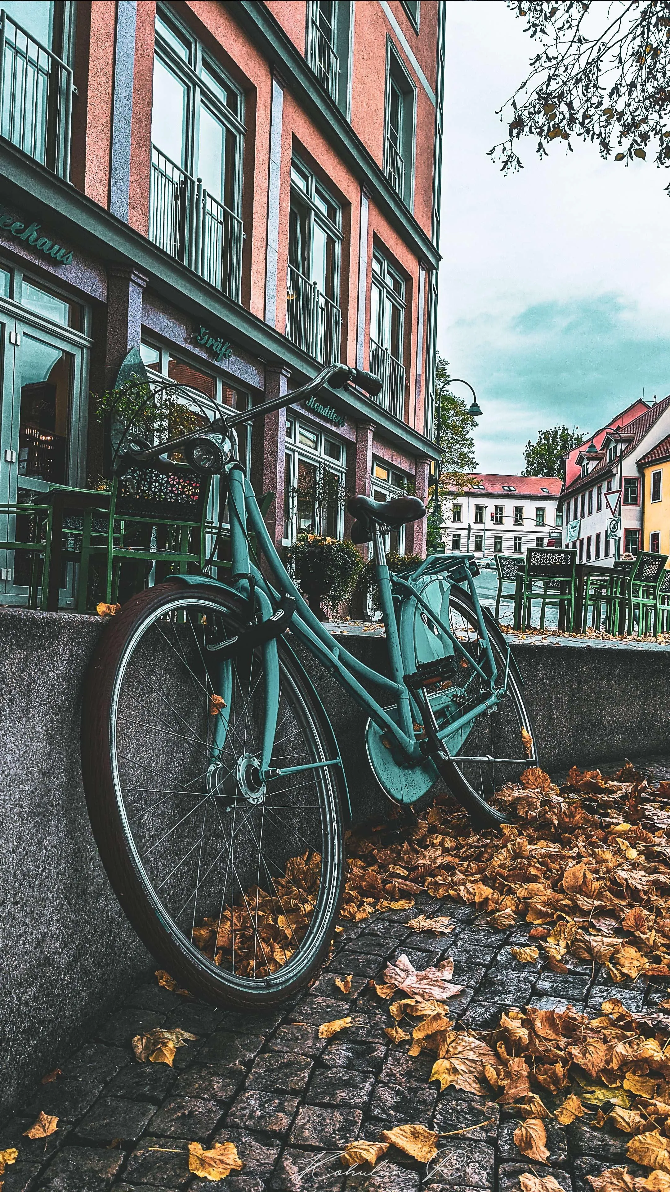 Urban Bicycle on Autumn Street with Buildings Wallpaper