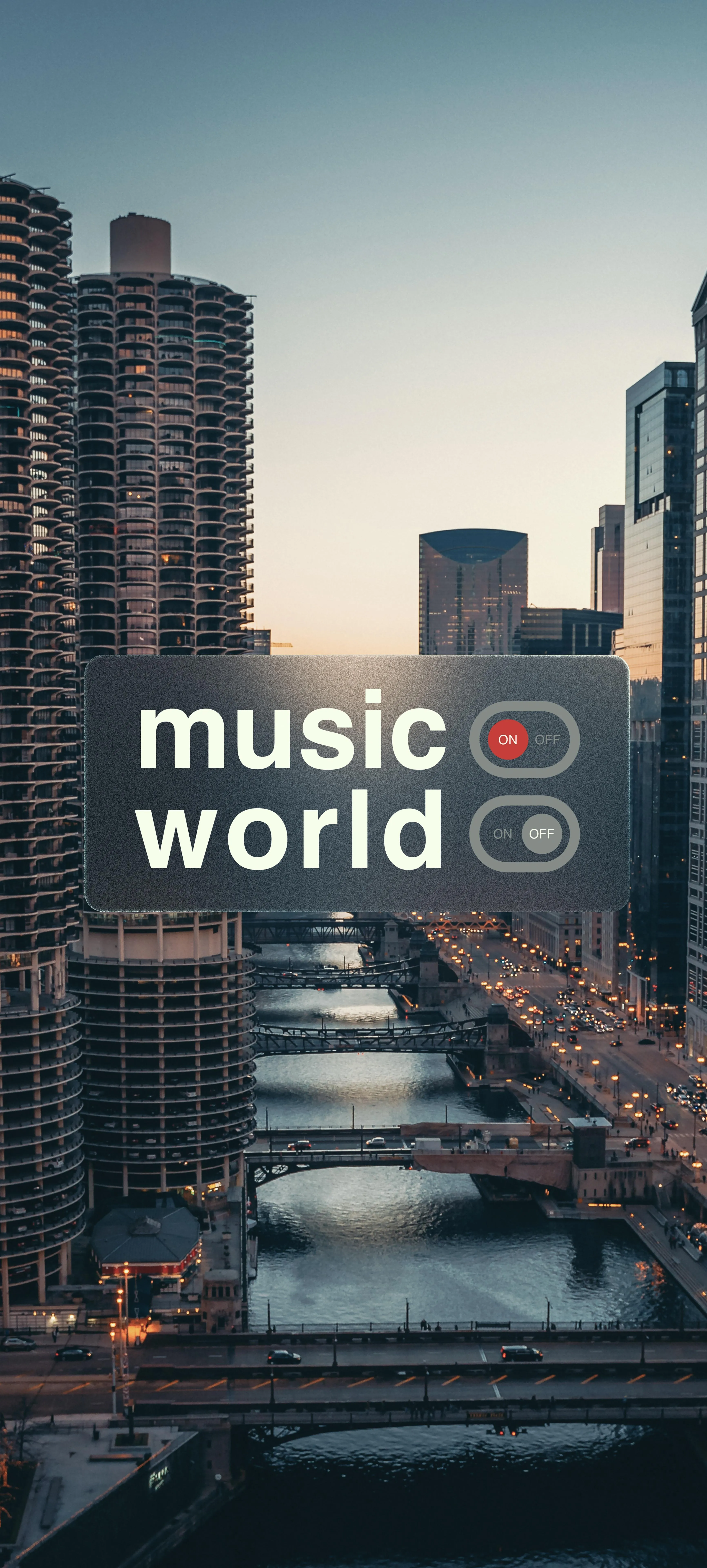 Urban Cityscape View at Dusk with Music World Text Overlay