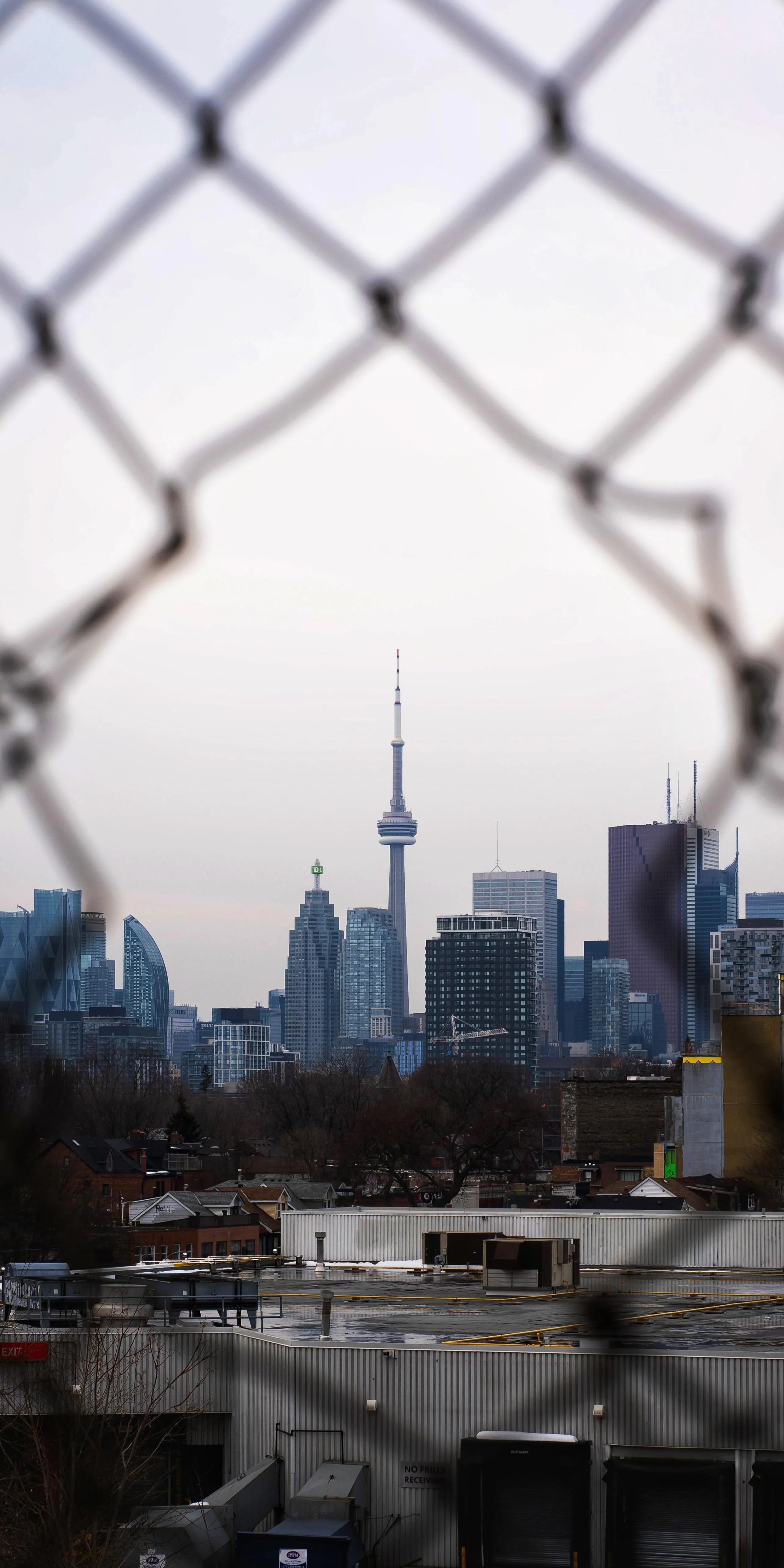 Urban Skyline View Through a Wire Fence Frame Wallpaper