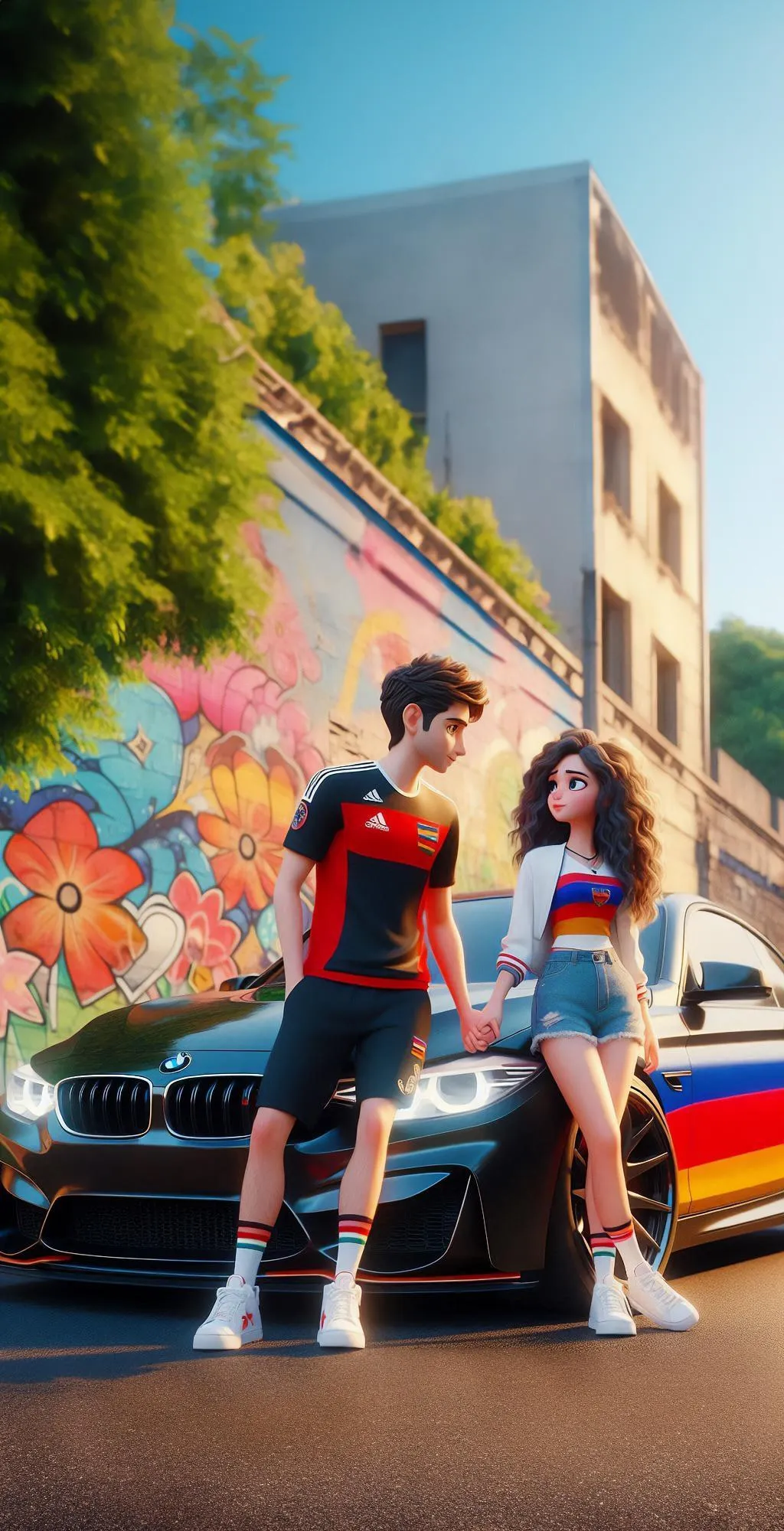 Urban Street Scene with Couple and Colorful Graffiti