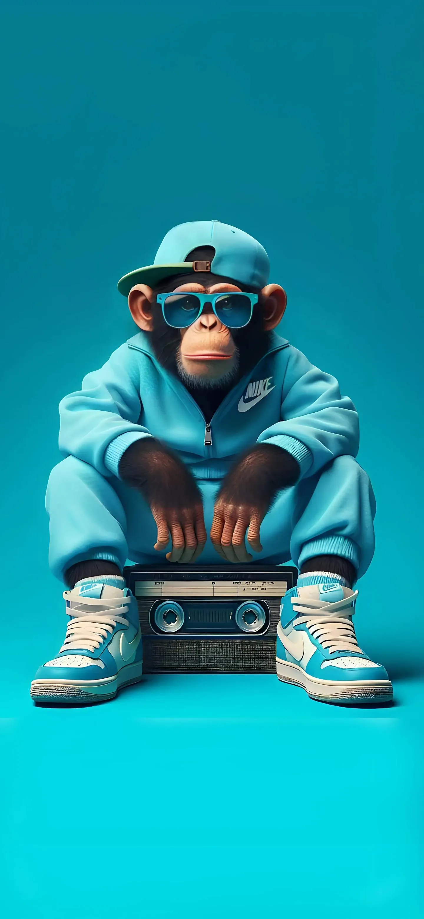 Urban Street Style Monkey in Blue Sitting with Headphones