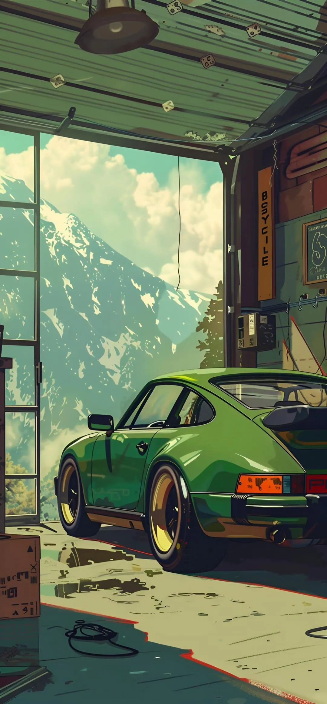 Urban Street with Green Car and City Building View Wallpaper