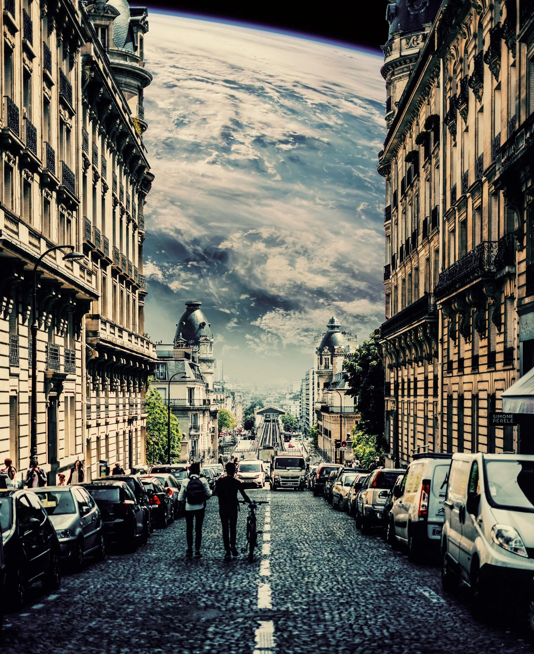 Vast Earth Looms Over Historic City Street in Surreal Scene