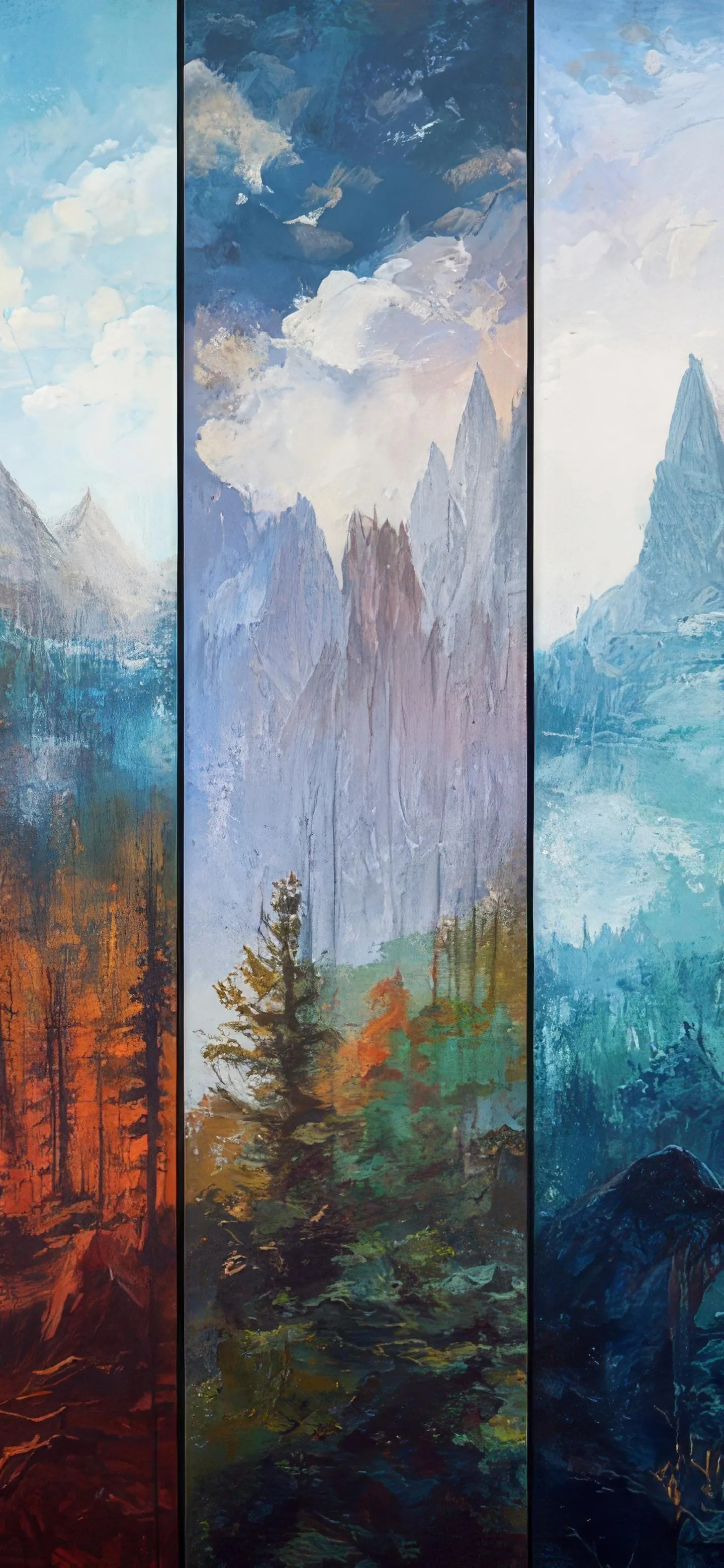 Vertical Triptych of Mountain Landscape with Misty Sky