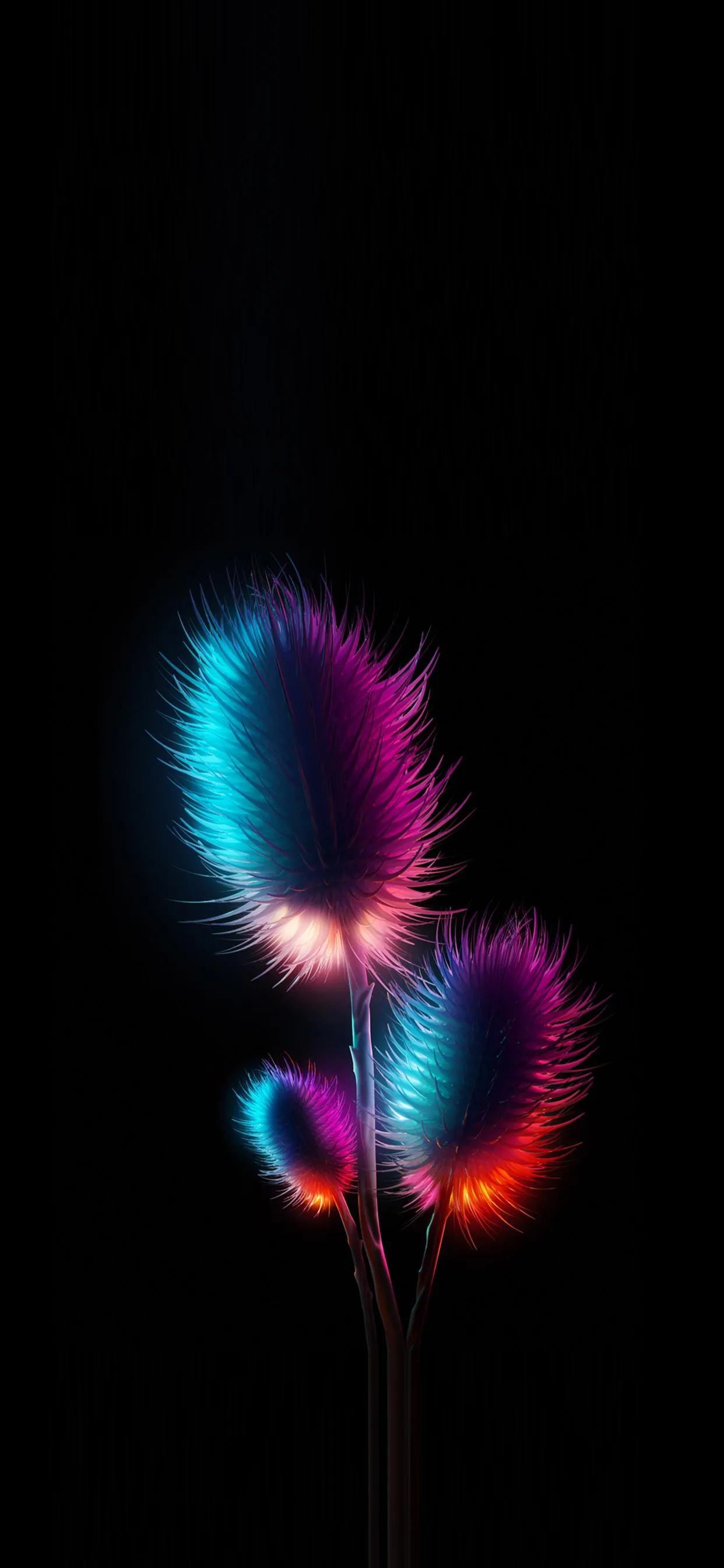 Vibrant Neon Flowers on Dark Black Background Wallpaper
