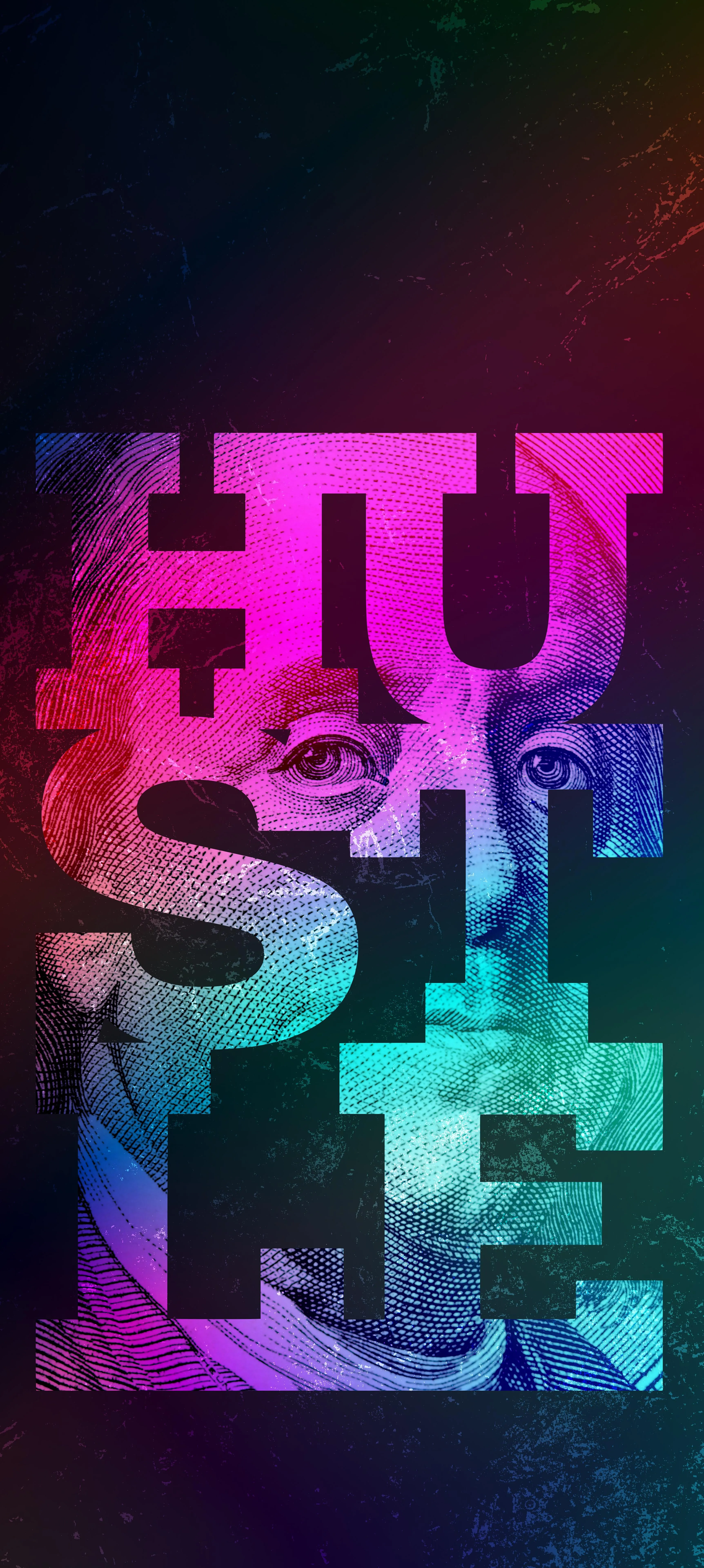 Vibrant Neon Hustle Text on Black Background Wallpaper