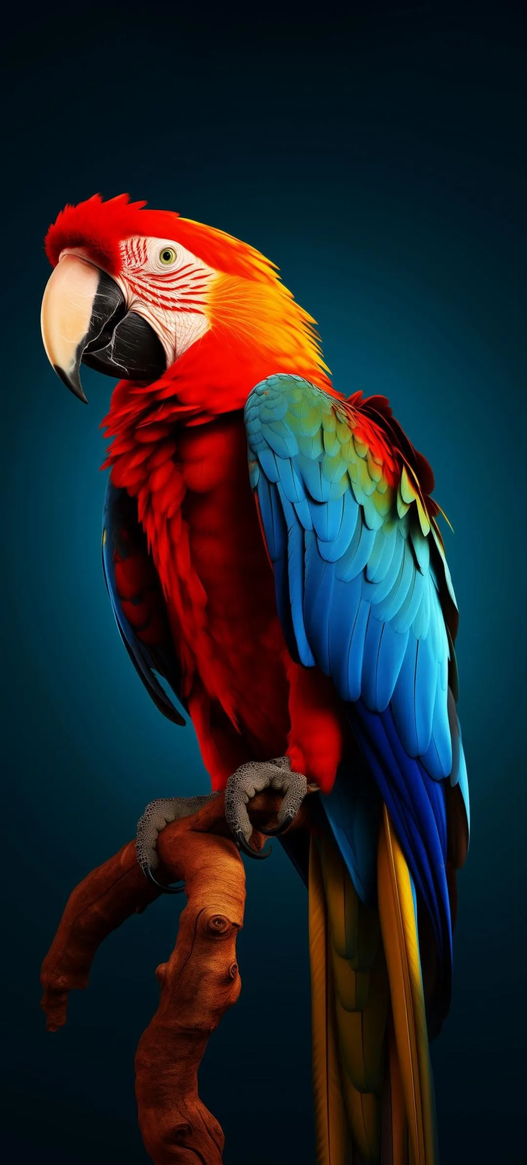Vibrant Parrot Sitting on Branch in Dark Background