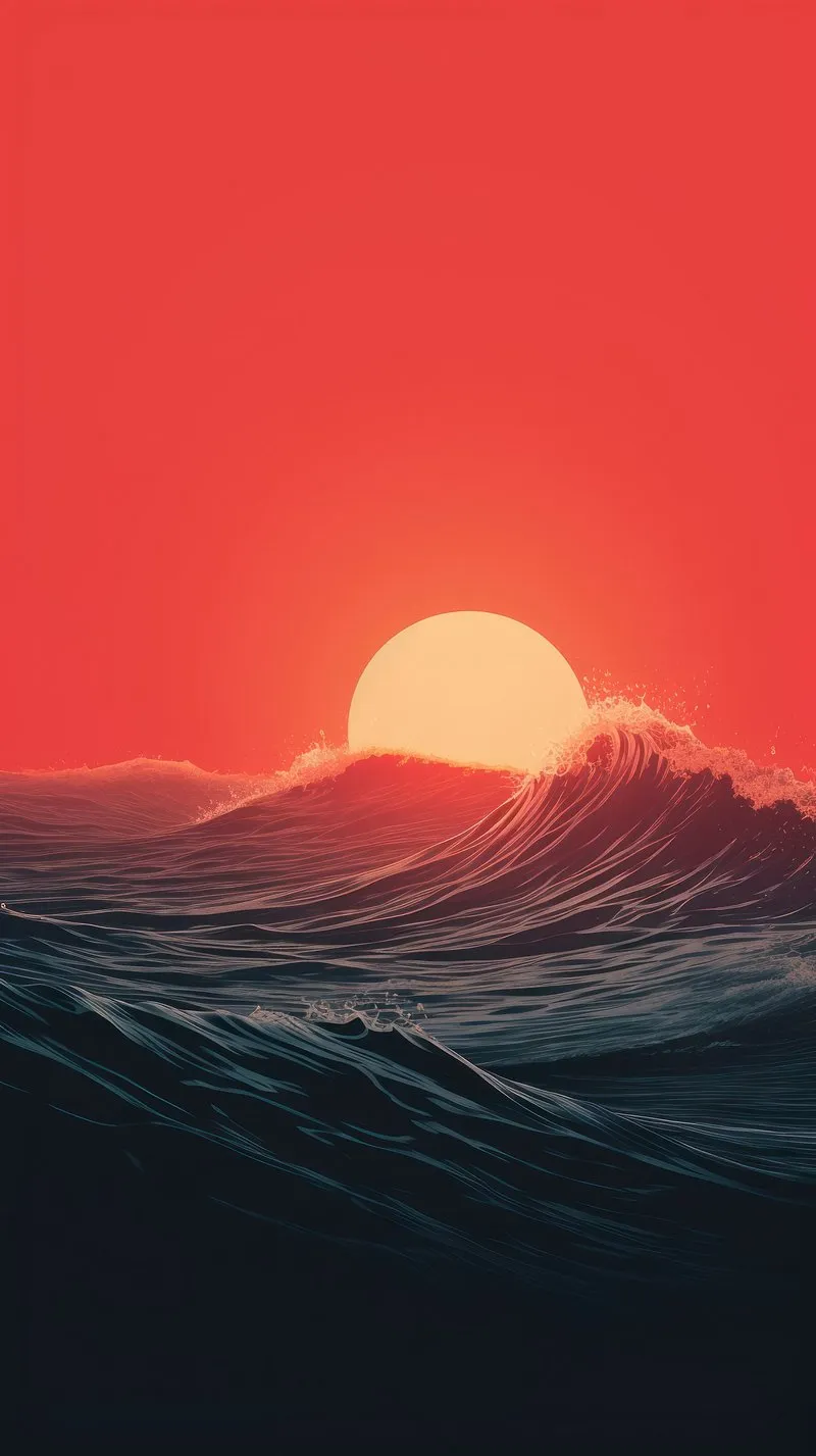 Vibrant Red Sunset Over Ocean Waves with Warm Glowing Light