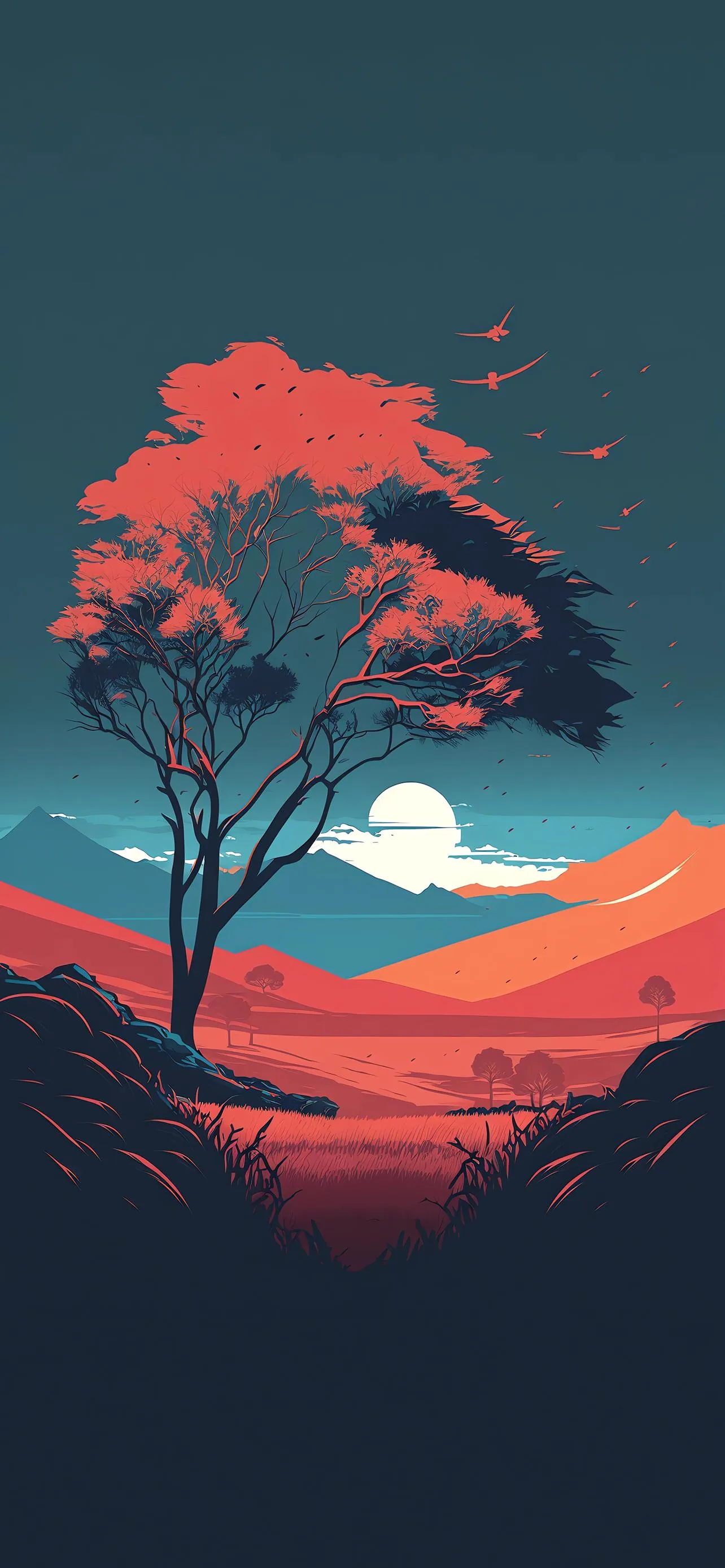 Vibrant Red Tree at Sunset in Dreamy Landscape Art