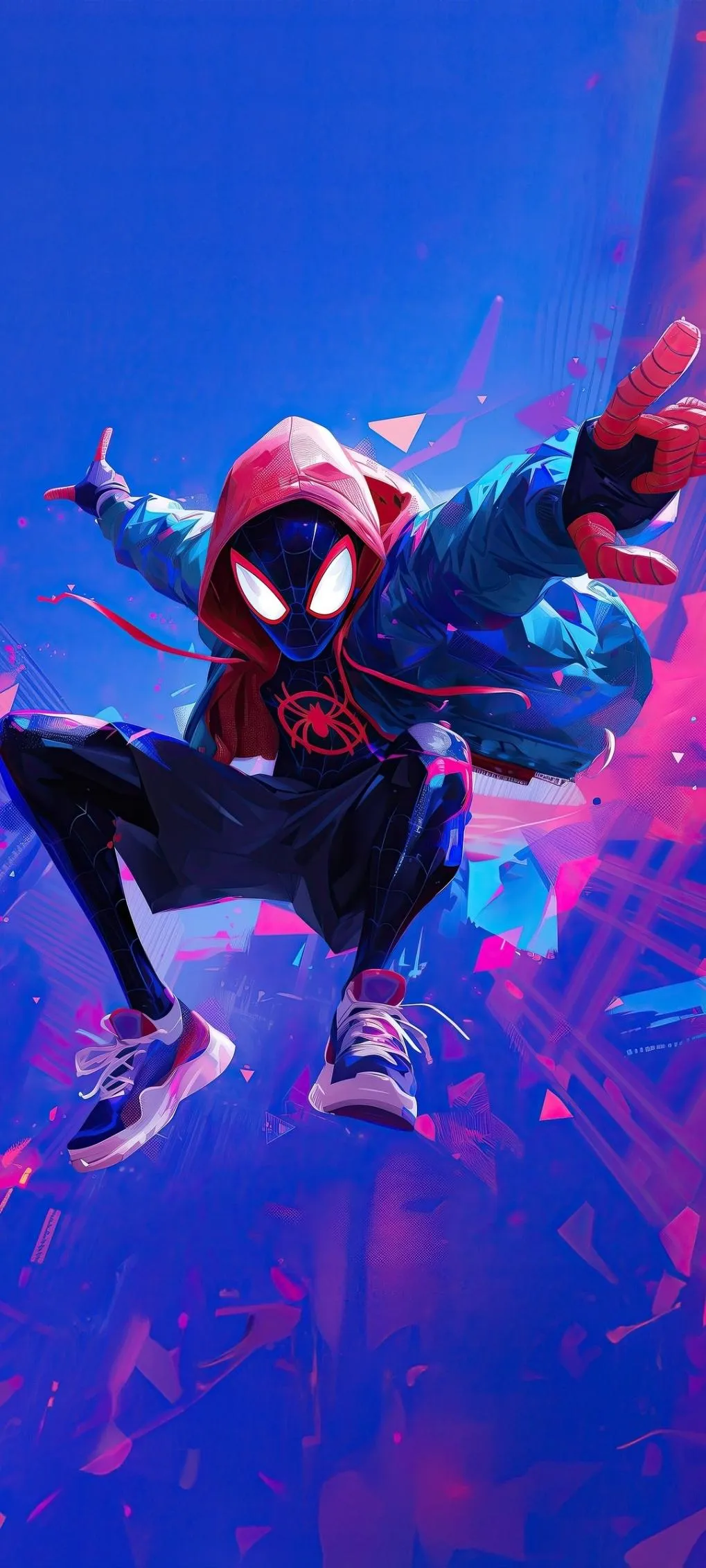 Vibrant Spider Hero Leaping in Neon City Background