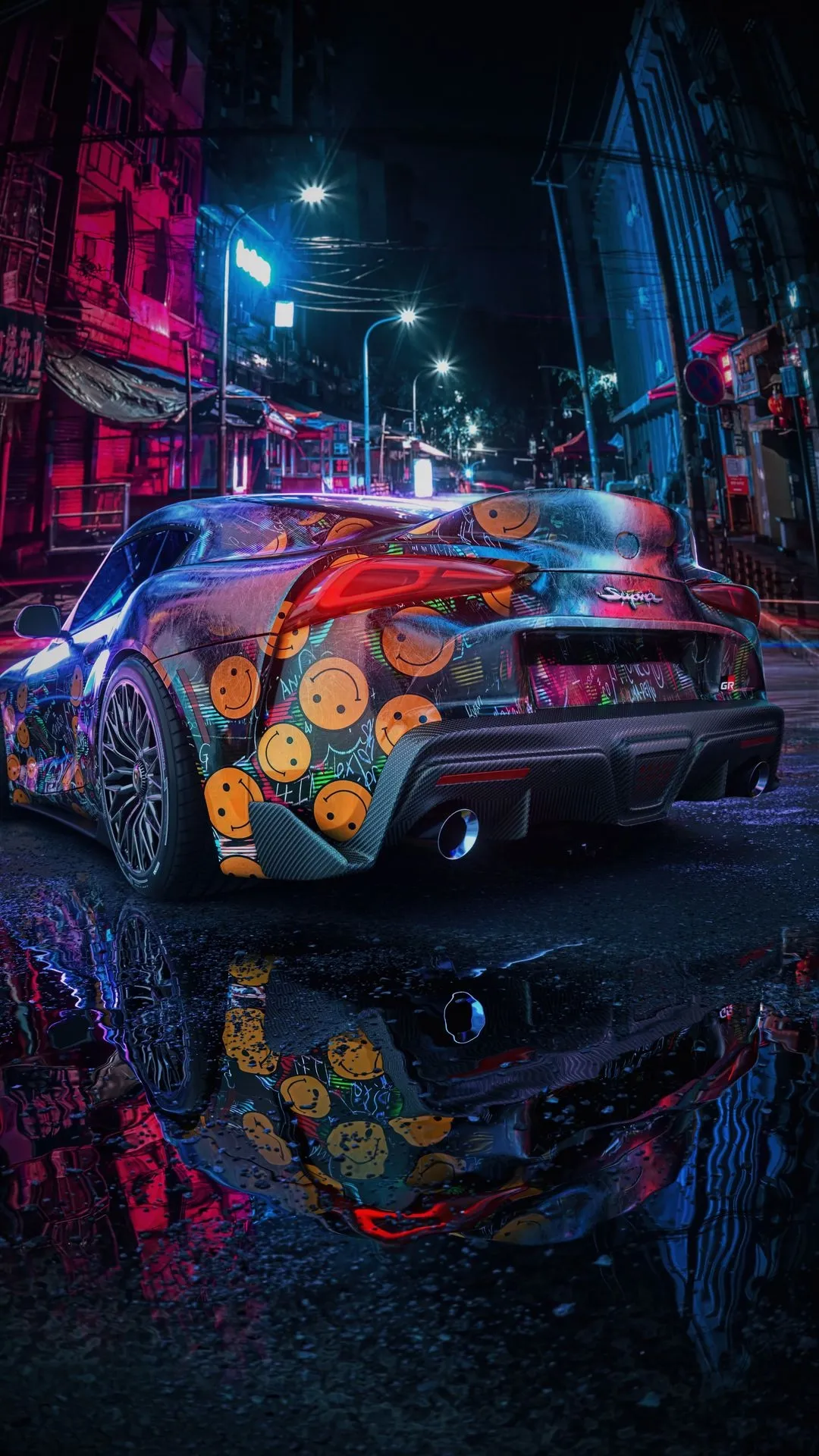 Vibrant Sports Car Reflecting Neon City Night Lights