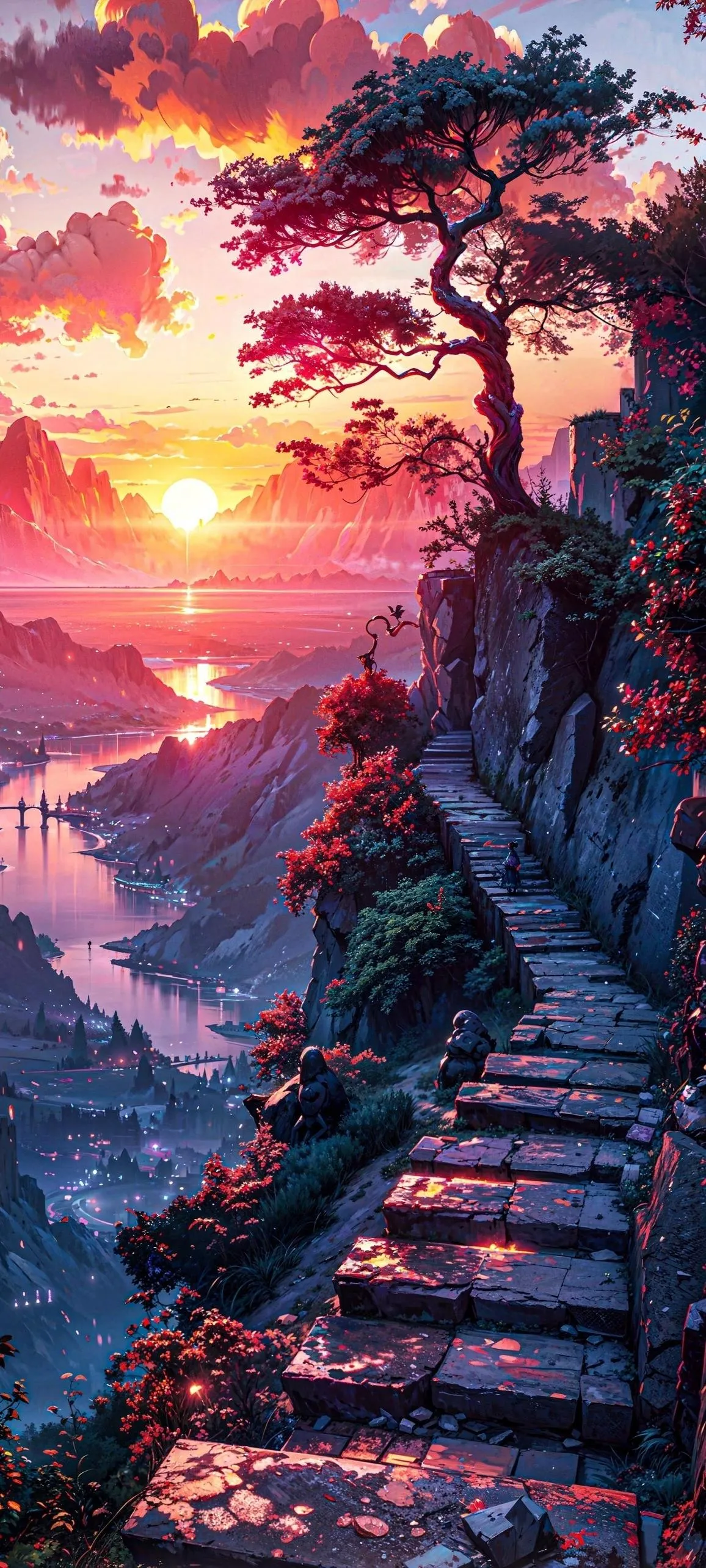 Vibrant Sunset Over Mountain Ridge with Warm Pink and Orange