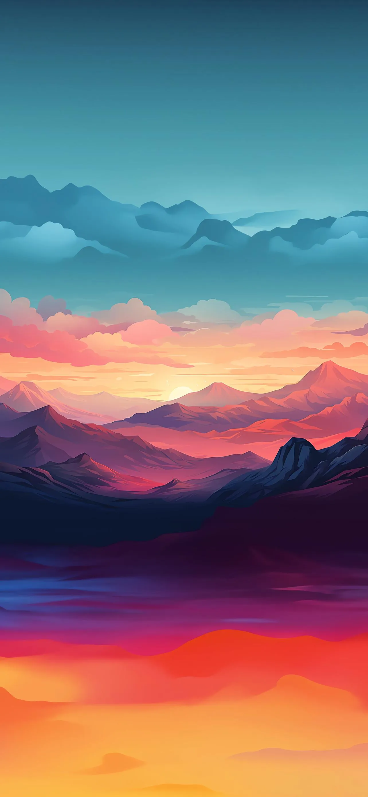 Vibrant Sunset Sky Over Mountains Digital Landscape