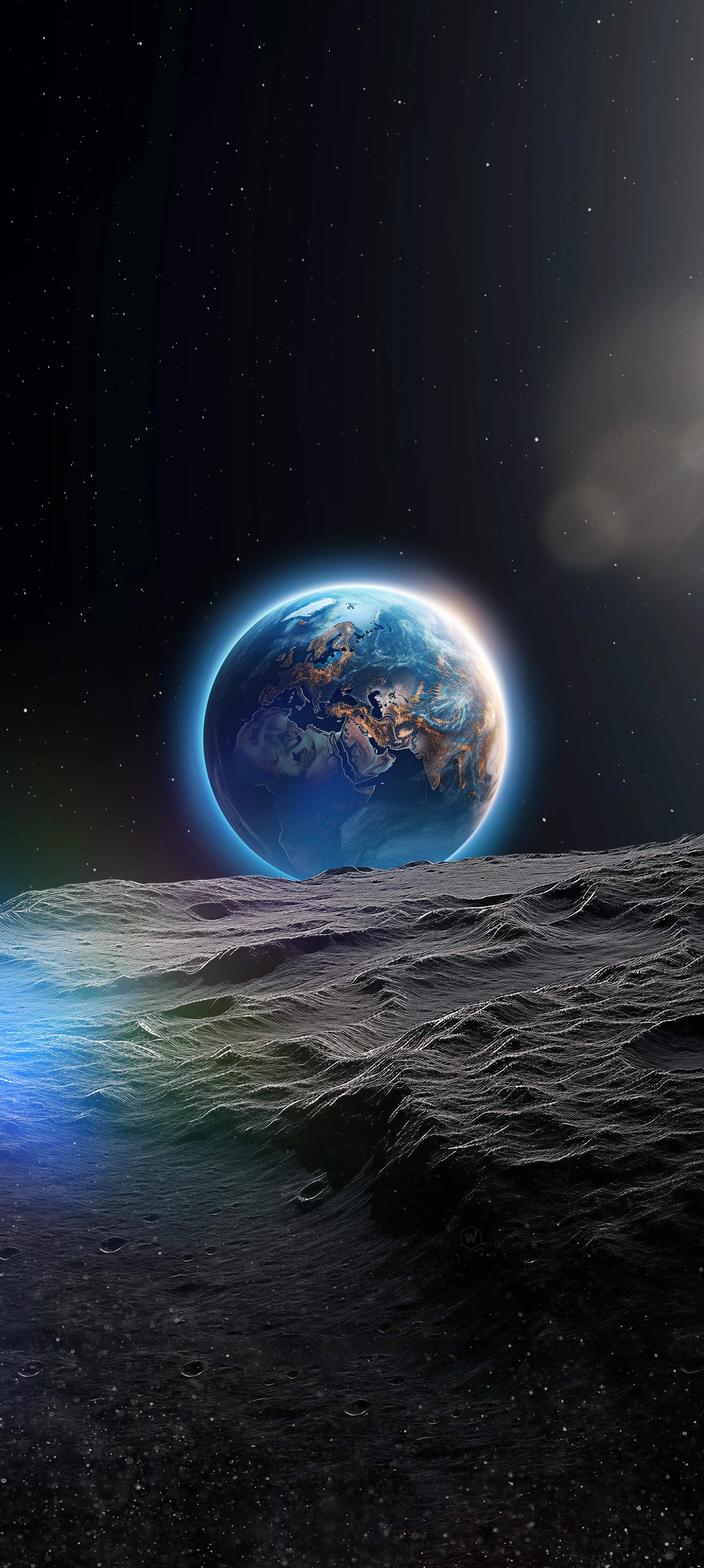 View of Earth from Moon Surface with Starry Night Sky