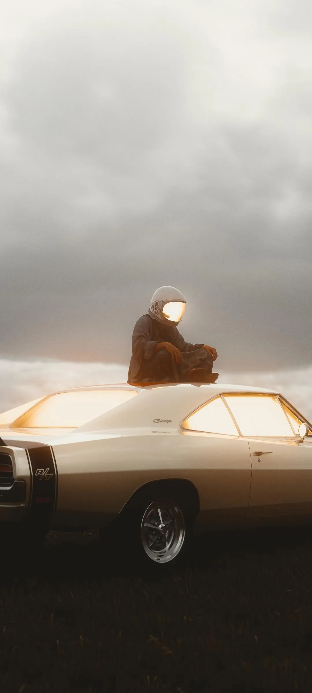 Vintage Car and Man Scene in Desert Landscape Wallpaper