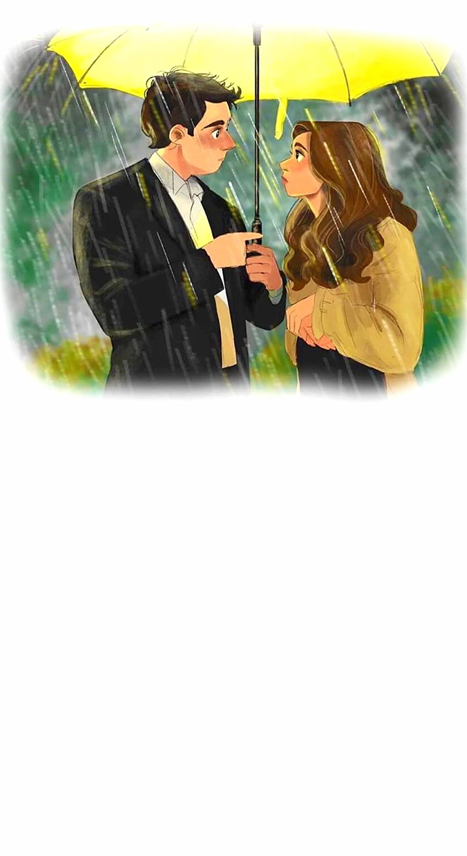 Vintage Couple Holding Umbrella in Rainy Scene Wallpaper