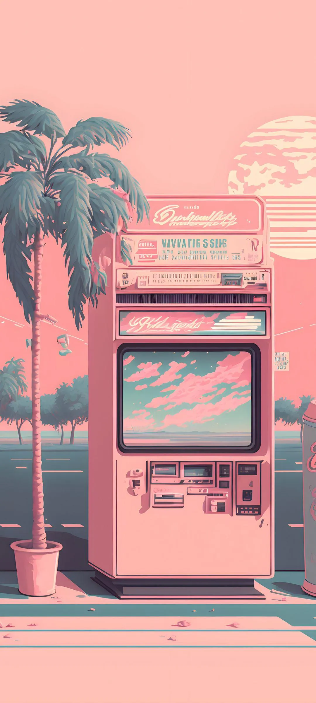Vintage Pink Payphone with Palm Tree Background Wallpaper