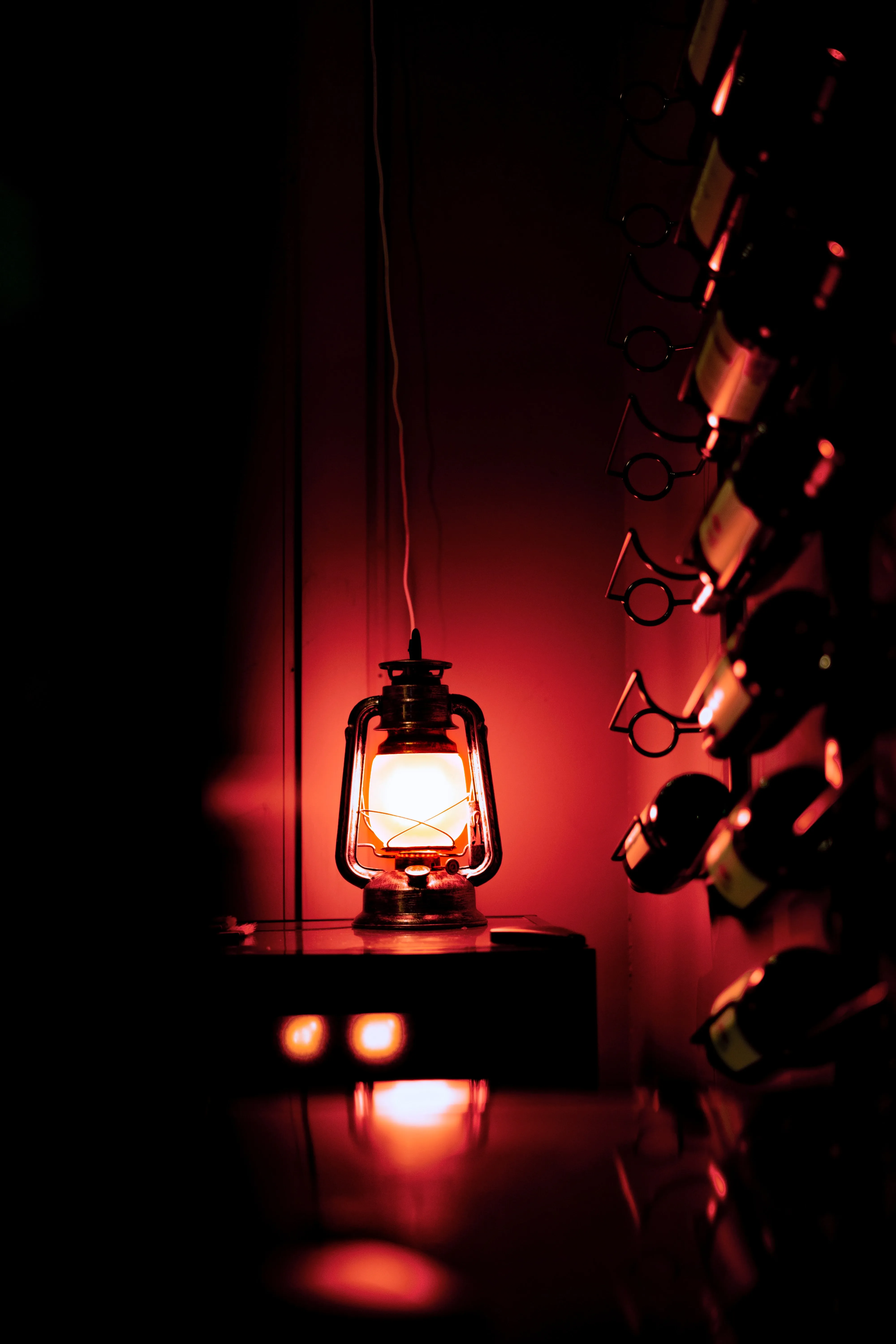 Vintage Red Lantern Glowing in Complete Darkness Image