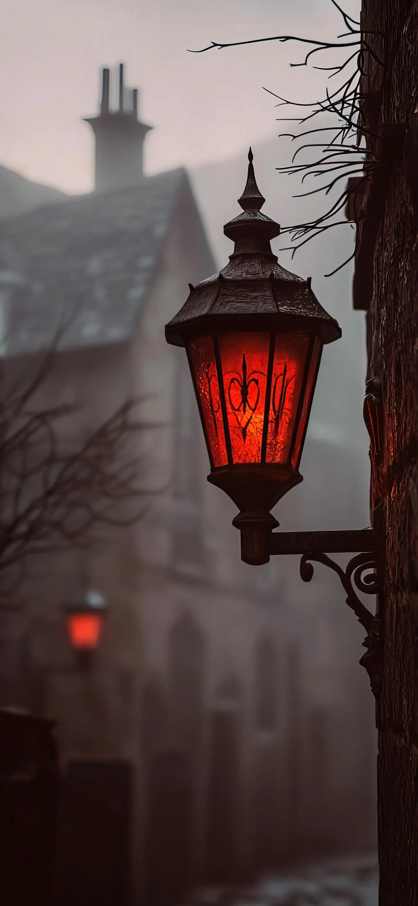 Vintage Red Street Lamp on Foggy Evening Street Wallpaper