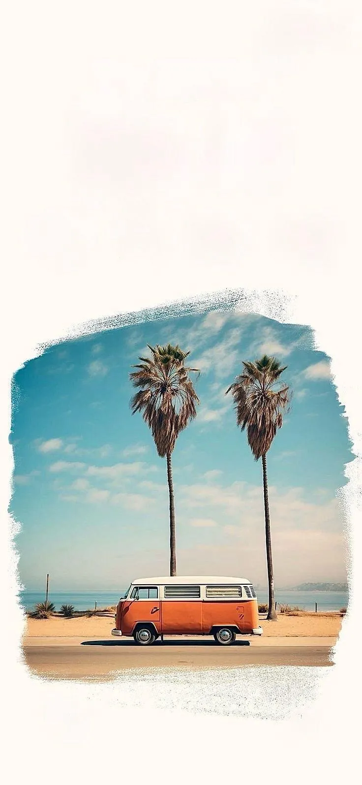 Vintage Van Driving Through Palm Tree Beach Scene Wallpaper
