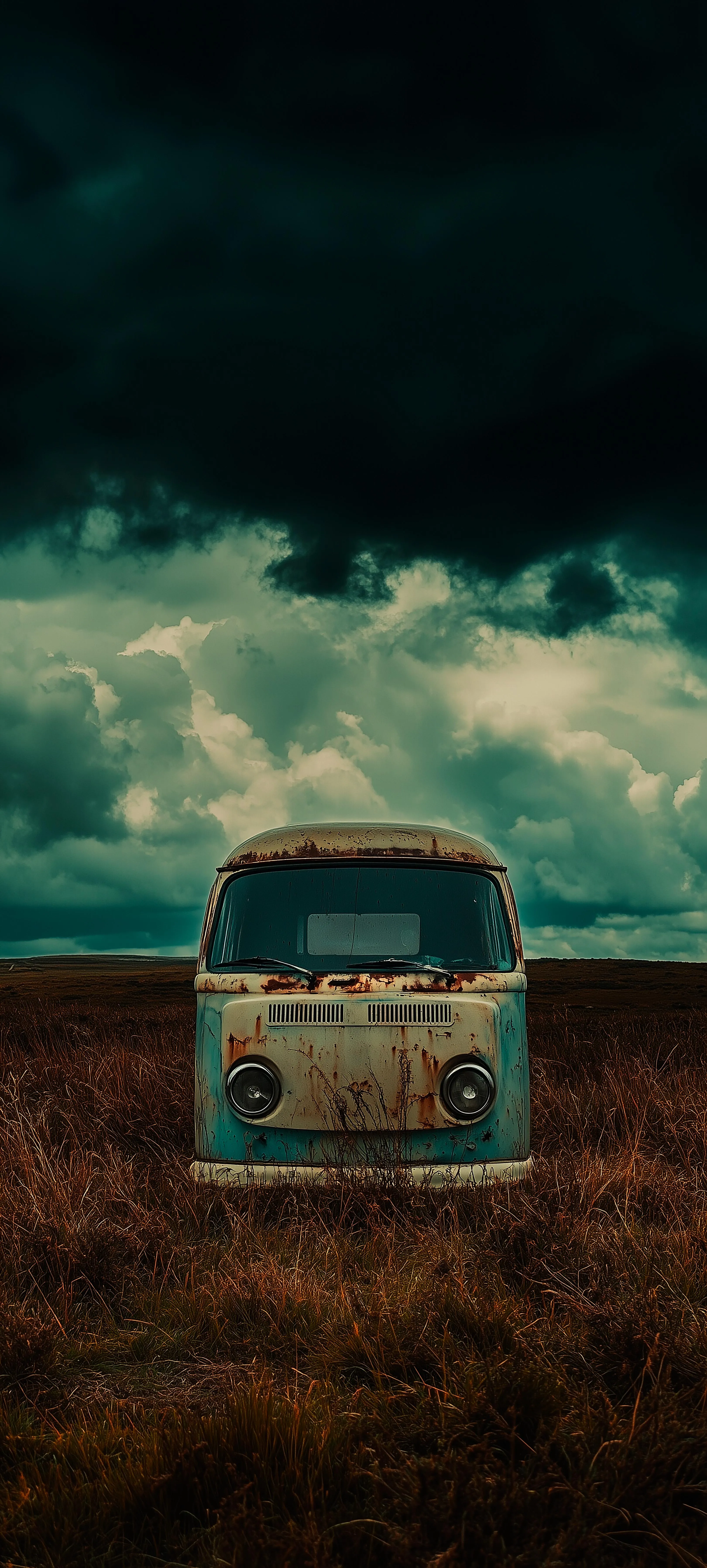 Vintage Van in Open Field Under Dramatic Clouds Wallpaper