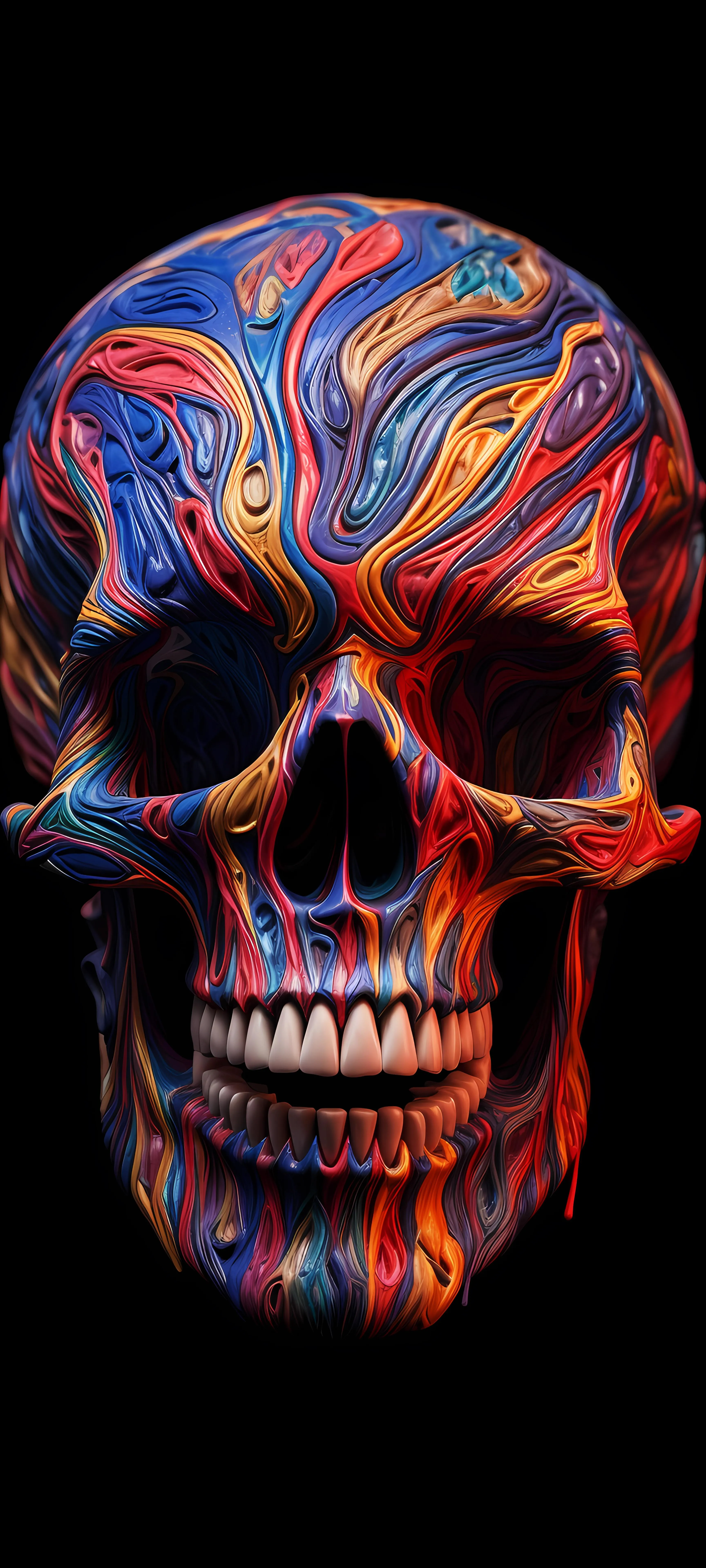 Vivid Colorful Skull with Glowing Effect on Black Wallpaper