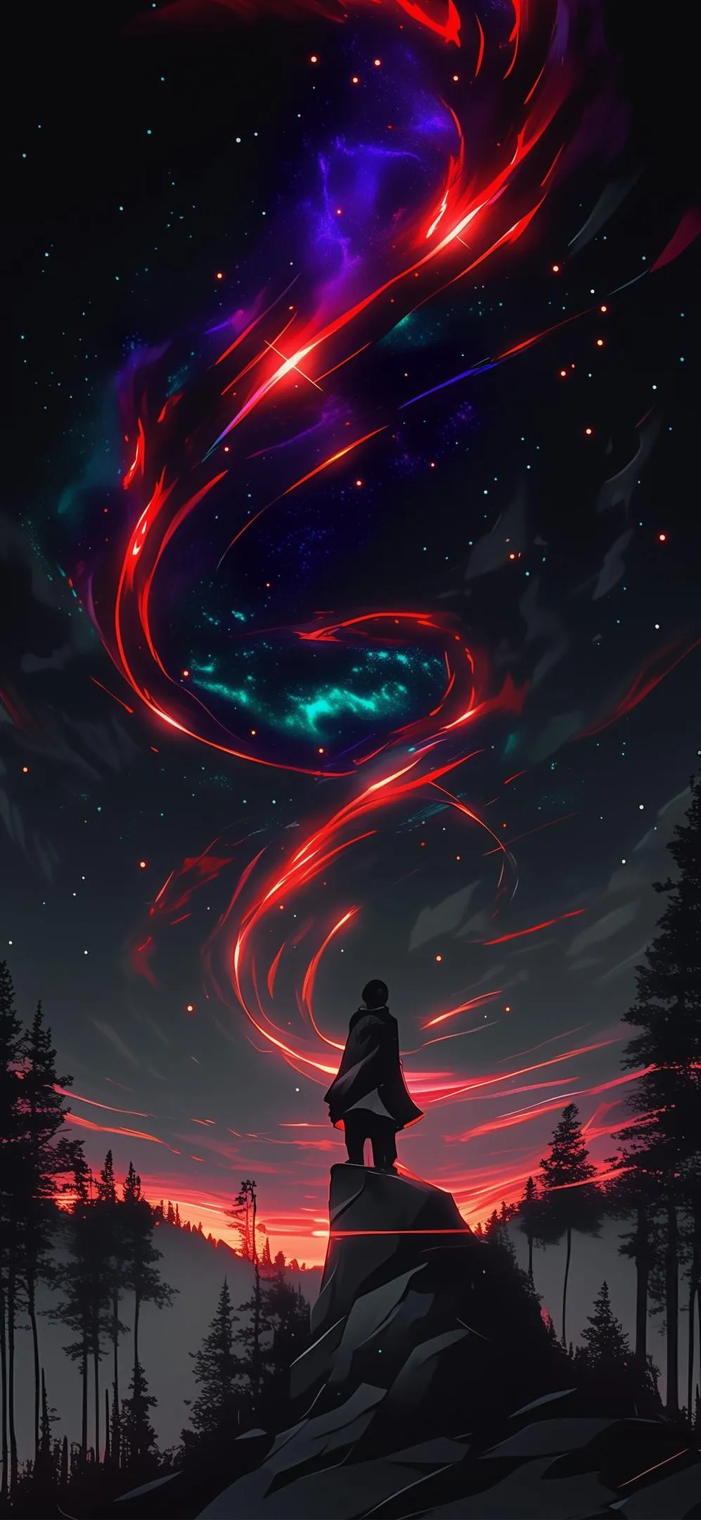Wanderer Beneath the Celestial Fire Stream Wallpaper
