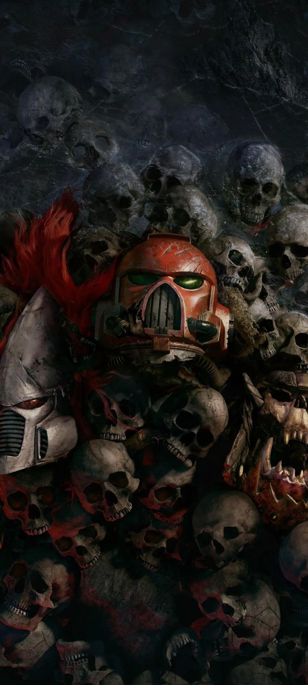 War Helmets Rising Above a Dark Field of Fallen Skulls