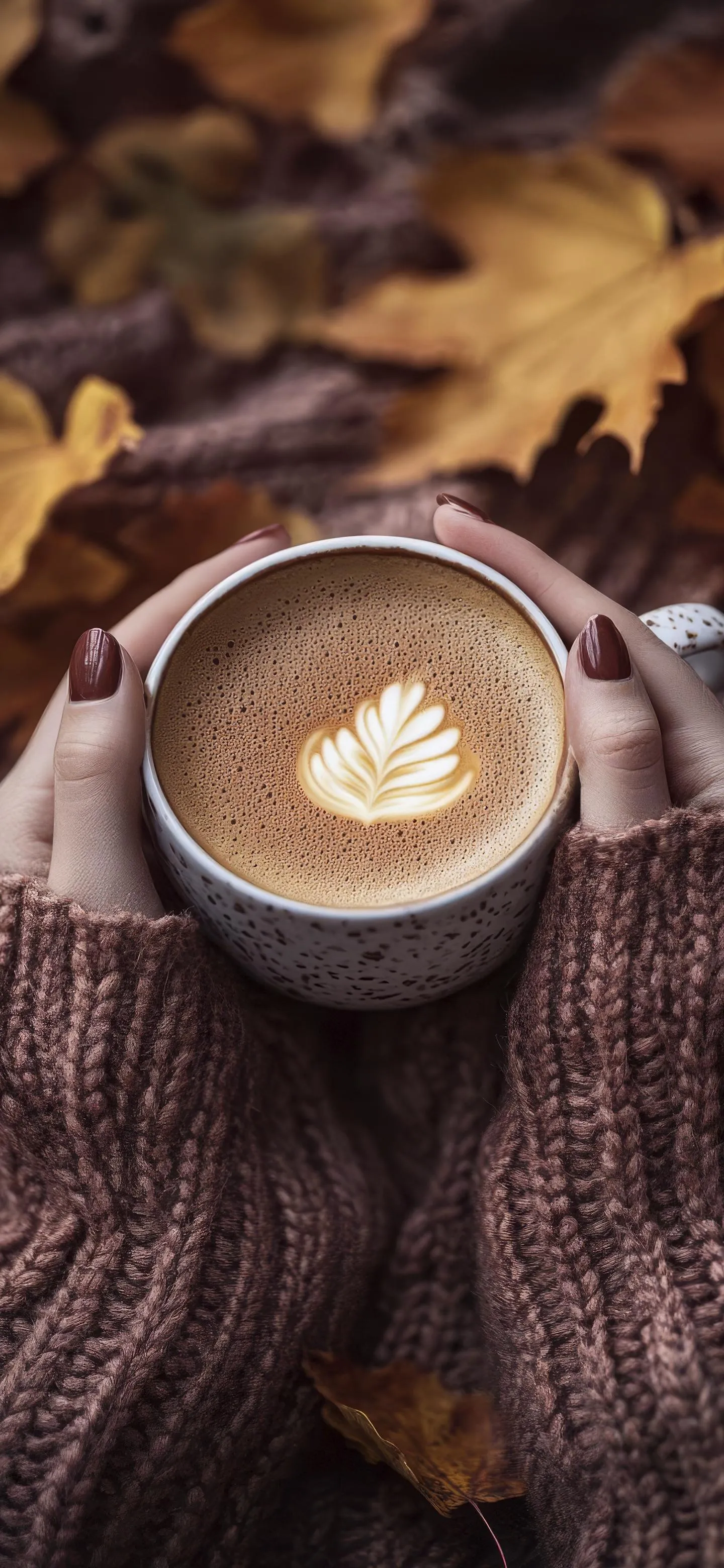 Warm Coffee Cup on Knitted Blanket with Autumn Leaves
