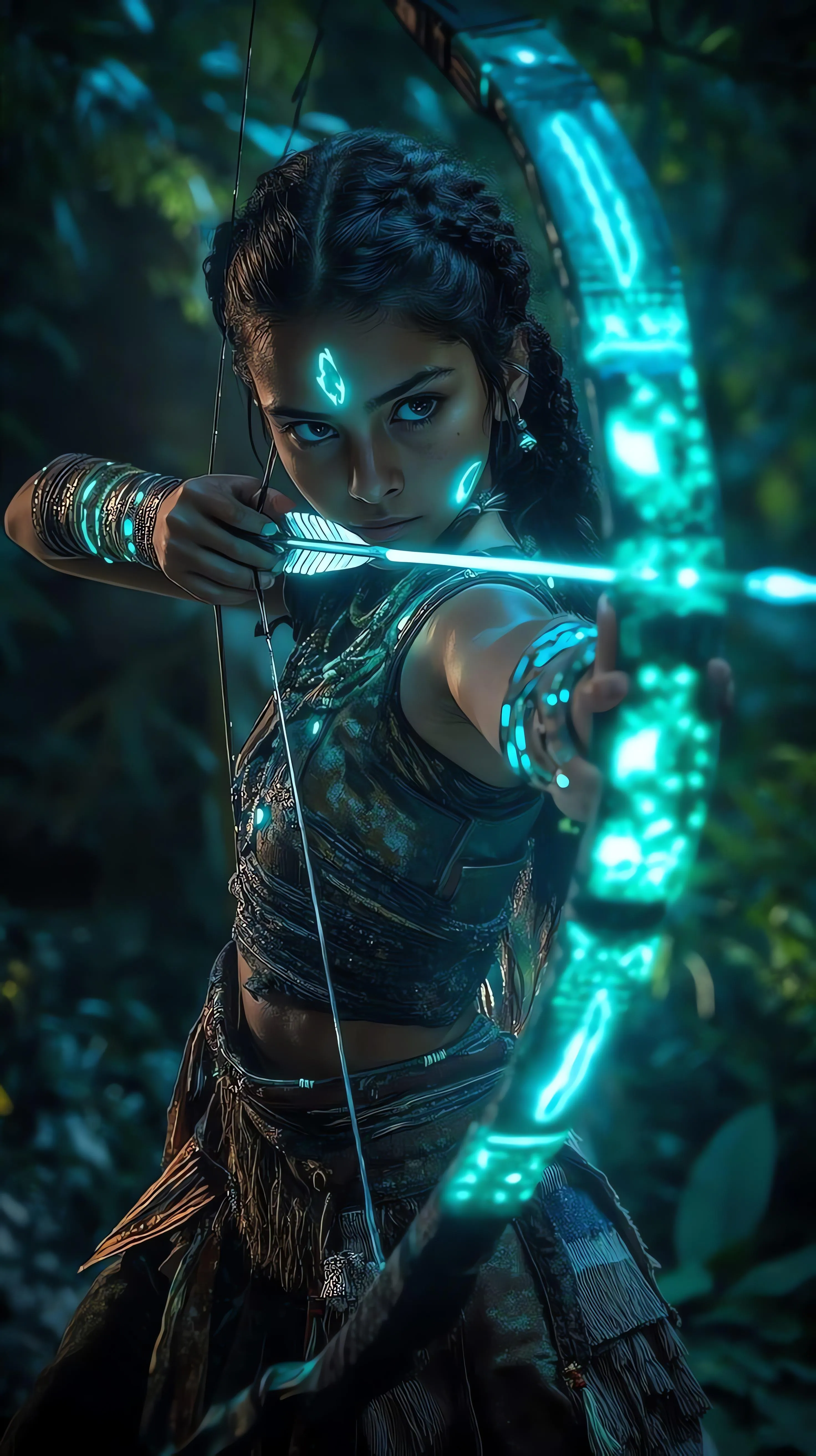 Warrior Archer with Glowing Bow in Enchanted Forest