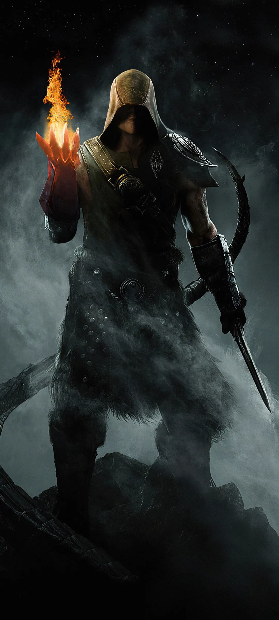 Warrior Holding Flame Sword in Dark Mountain Scene Image