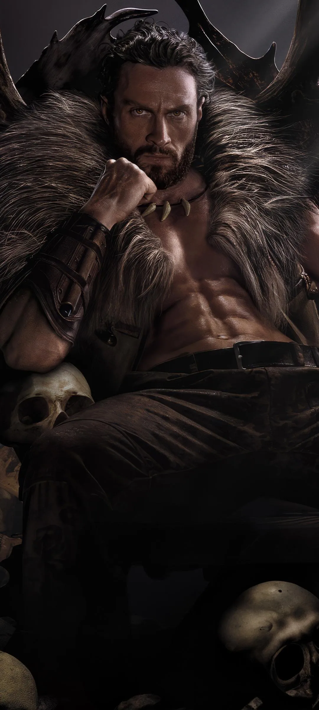 Warrior King Seated in Shadows Wearing Fur and Bone Armor