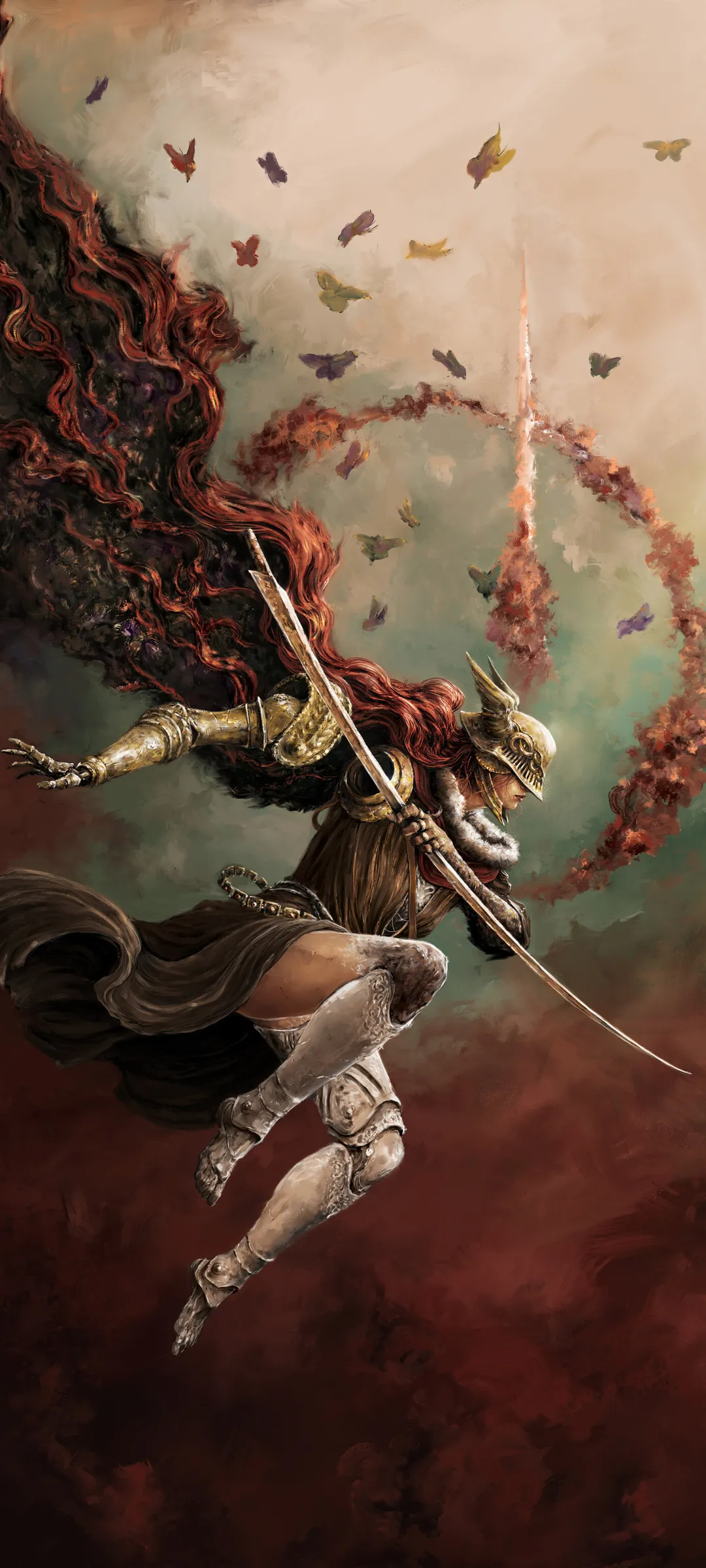 Warrior with Spear in Abstract Red and Brown Battle Scene