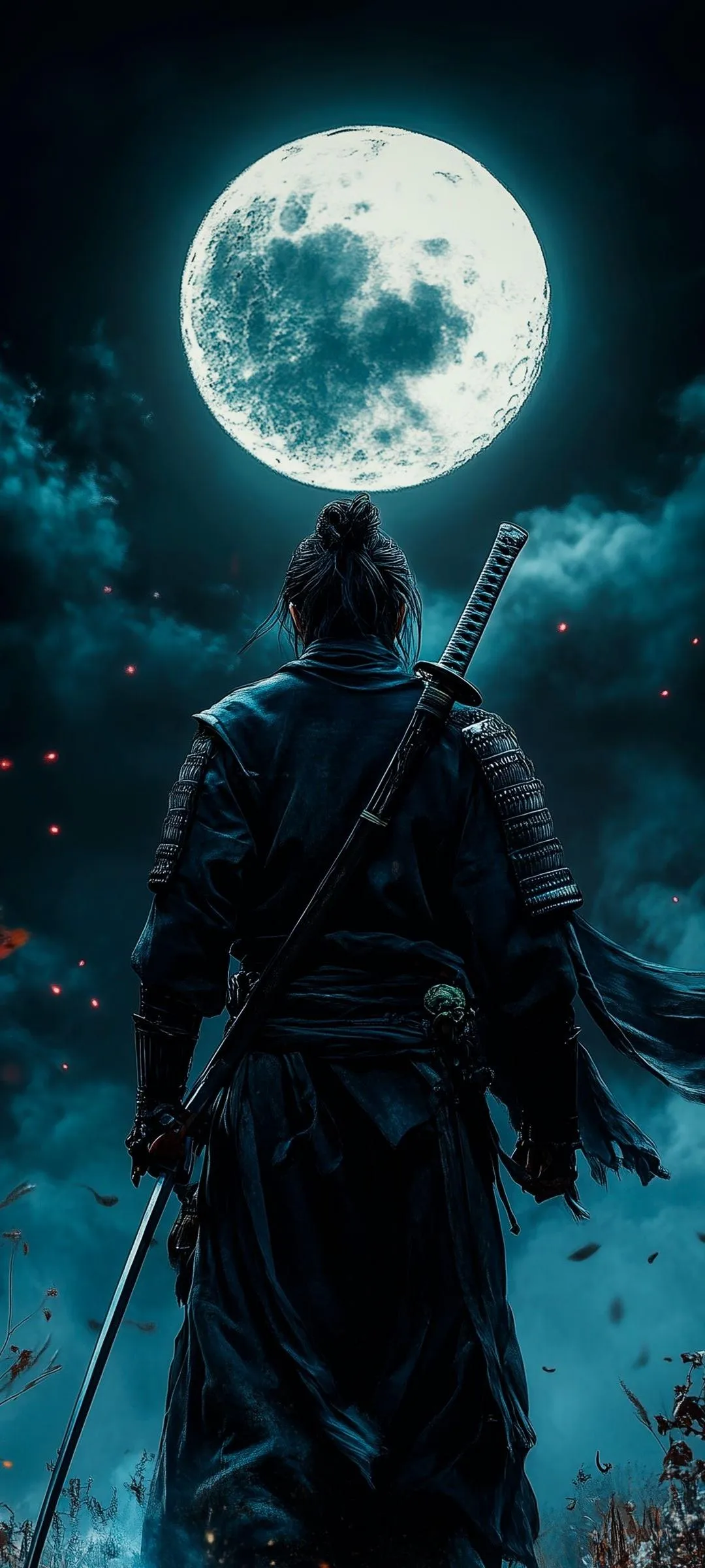 Warrior with Sword Under Full Moon and Foggy Night