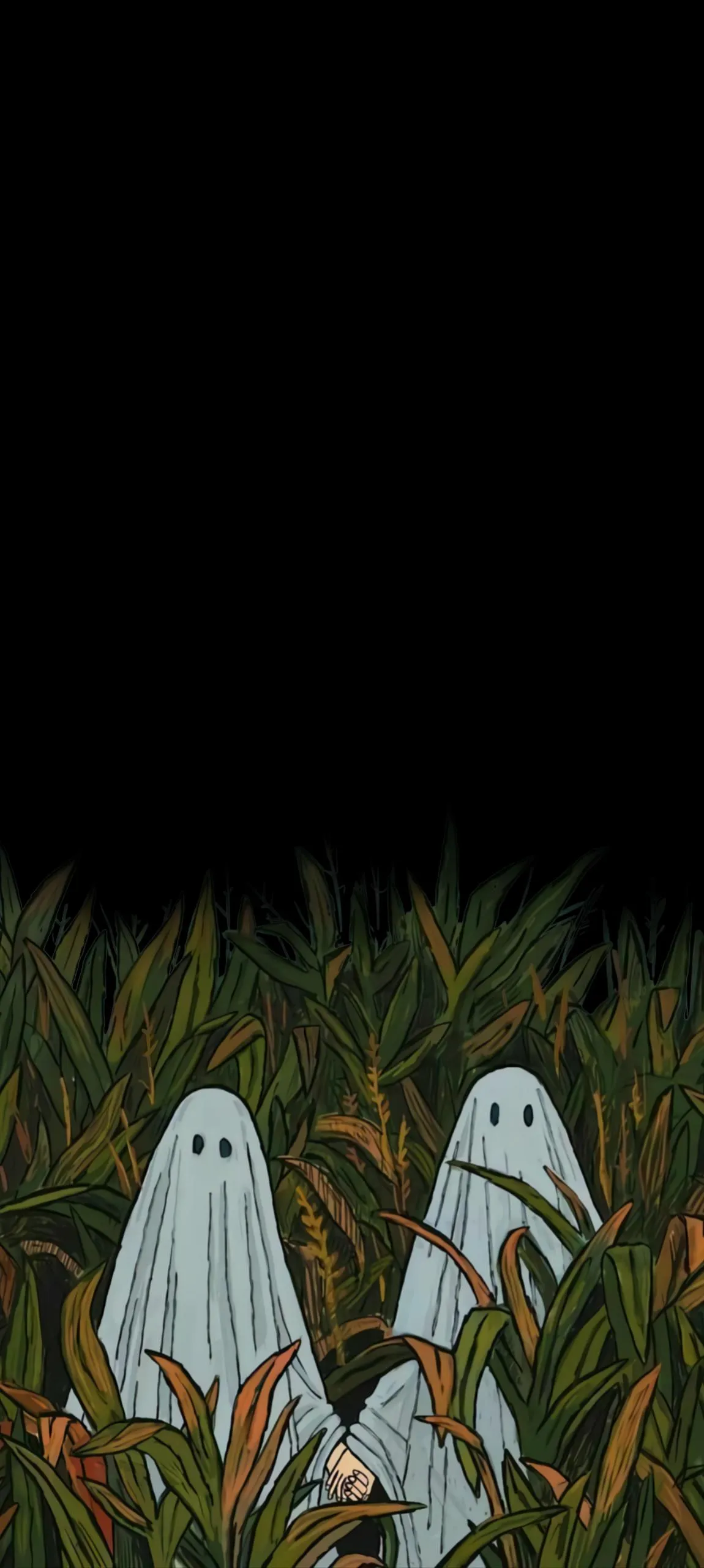 Whimsical Ghosts Holding Hands in a Peaceful Cornfield