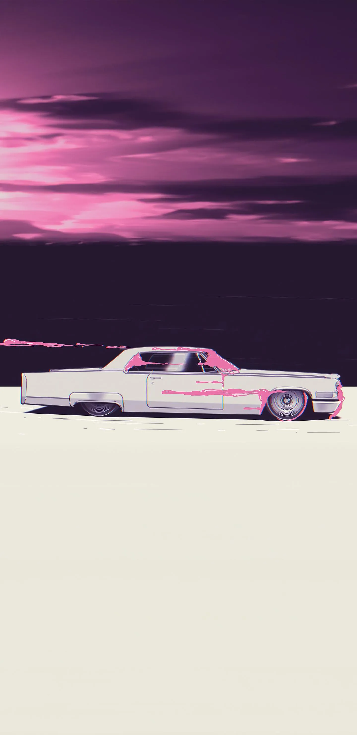 White Classic Car on Pink Sky Road Vintage Wallpaper