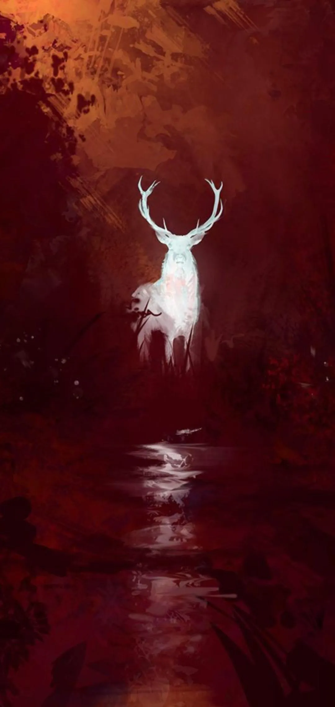White Glowing Deer in Dark Red Fantasy Forest Wallpaper